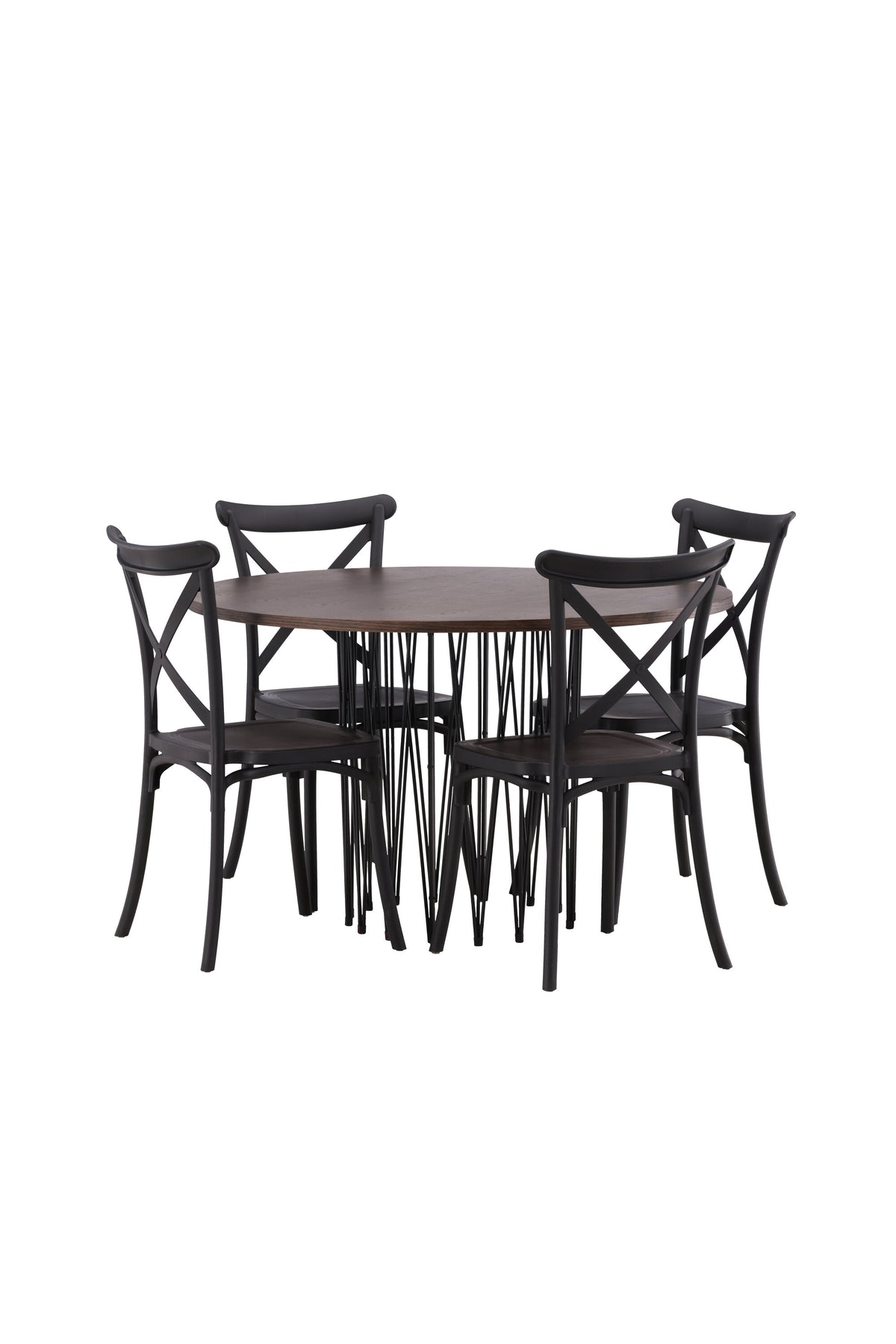 Rundes Esszimmerset mit Steinlook-Tisch aus MDF und Mocca-Furnier, schwarzem Metallgestell und vier Limhamn-Stühlen mit beigem Samtbezug.