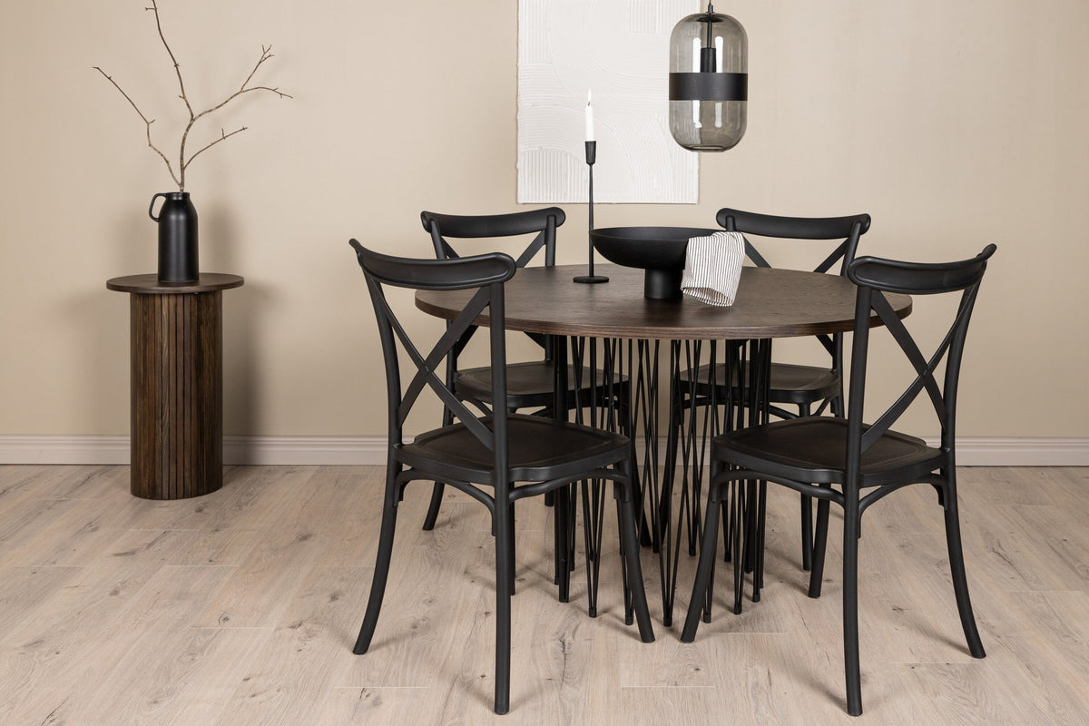 Rundes Esszimmerset mit Steinlook-Tisch aus MDF und Mocca-Furnier, schwarzem Metallgestell und vier Limhamn-Stühlen mit beigem Samtbezug.