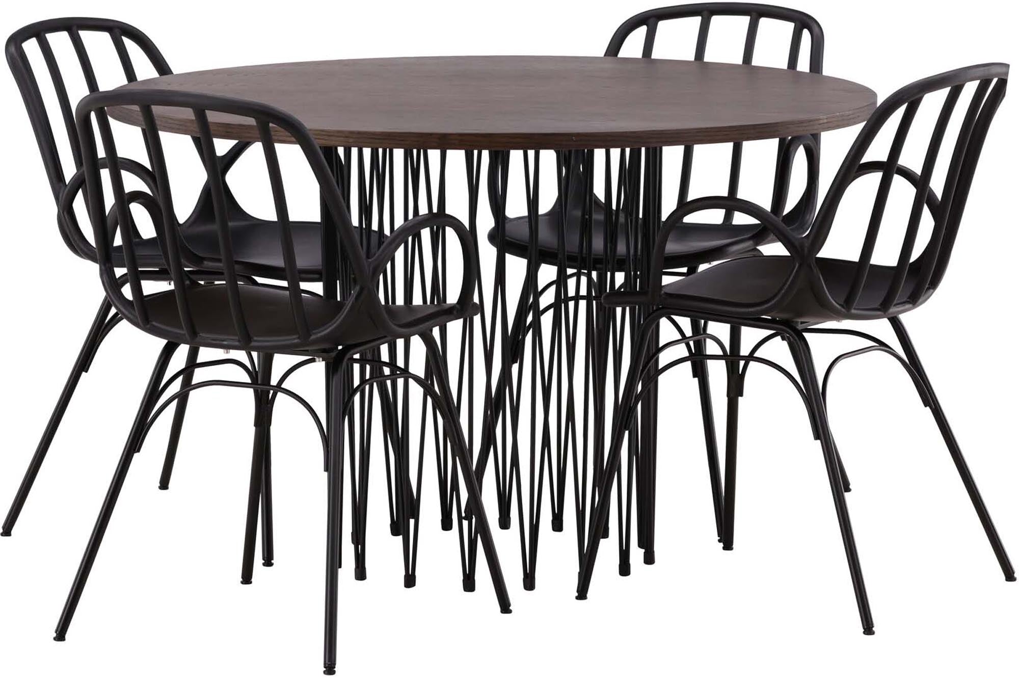 Modernes Esszimmerset Stone mit Dyrön Tisch (120cm) und 4 bequemen Stühlen. Ideal für gesellige Abende und stilvolle Einrichtung.