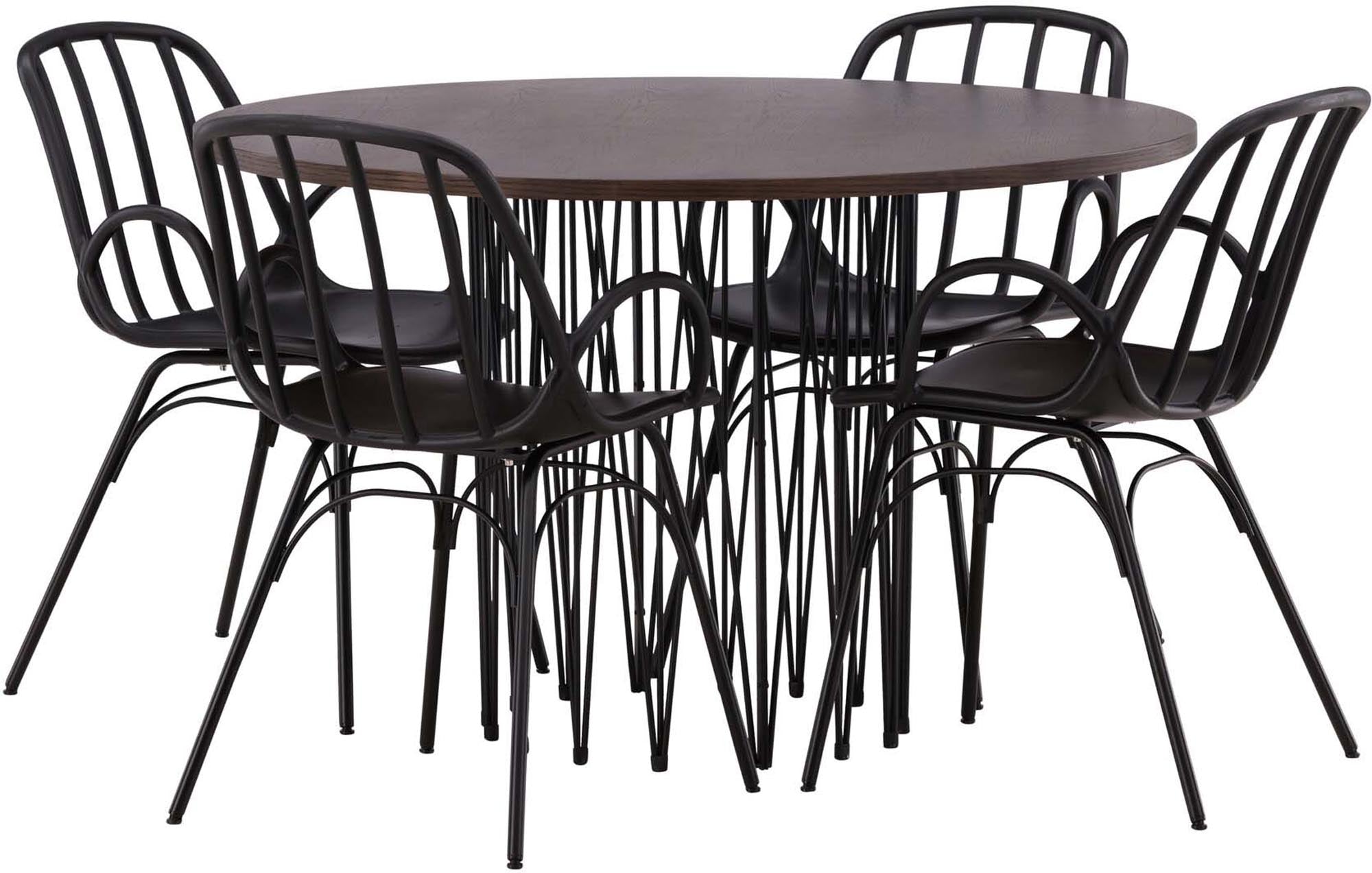 Elegantes Stone Esszimmerset mit rundem 120 cm Tisch und 4 bequemen Dyrön Stühlen. Ideal für gesellige Abende und modernes Wohnen.