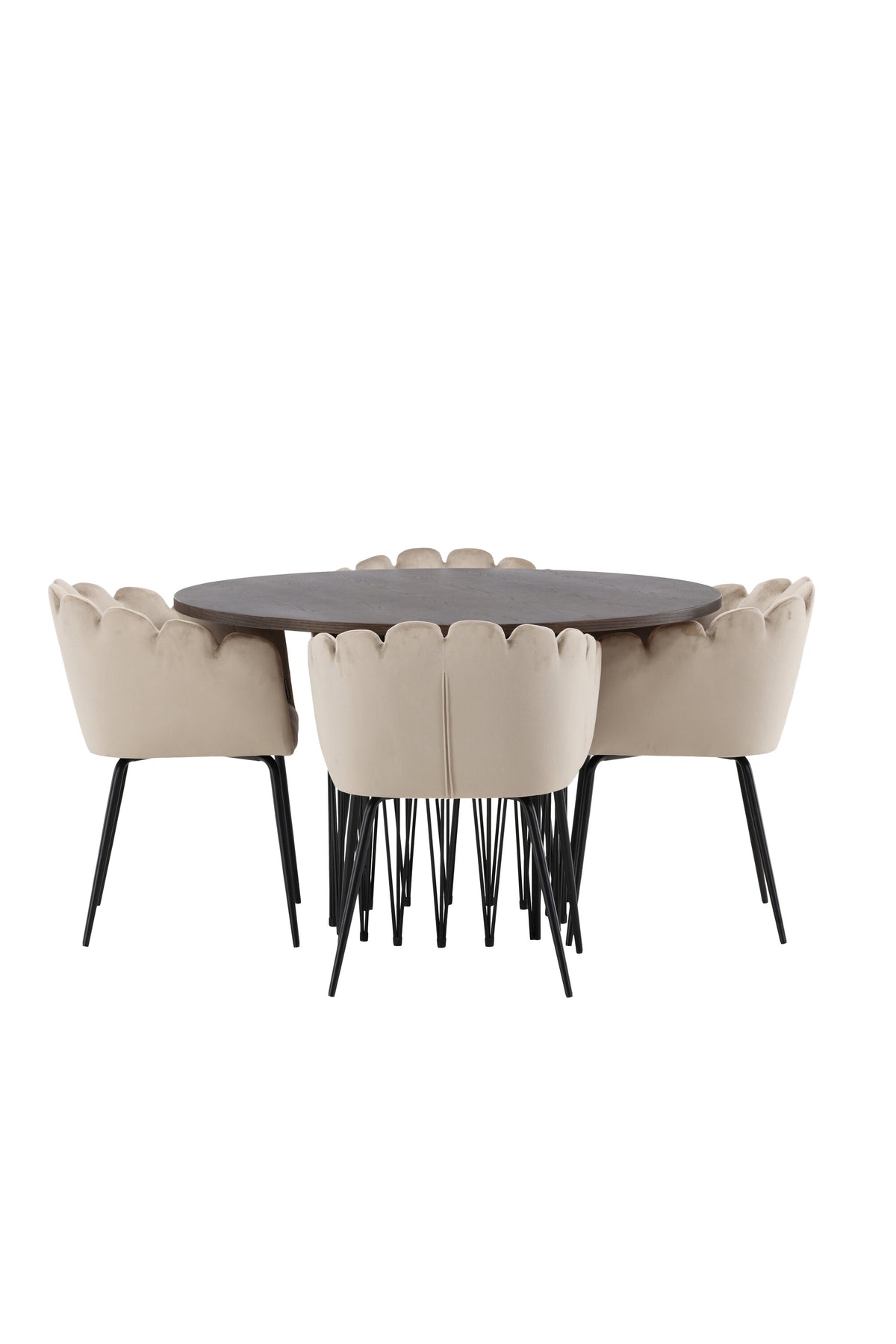 Rundes Esszimmerset mit Steinlook-Tisch aus MDF und Mocca-Furnier, schwarzem Metallgestell und vier Limhamn-Stühlen mit beigem Samtbezug.