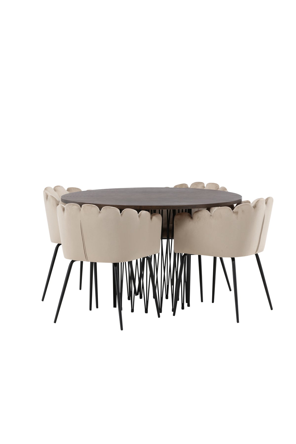 Rundes Esszimmerset mit Steinlook-Tisch aus MDF und Mocca-Furnier, schwarzem Metallgestell und vier Limhamn-Stühlen mit beigem Samtbezug.