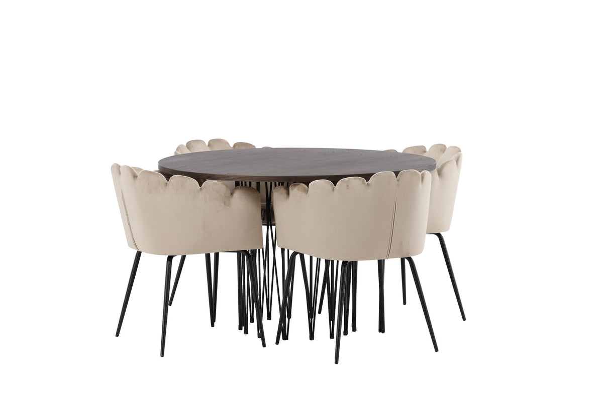 Rundes Esszimmerset mit Steinlook-Tisch aus MDF und Mocca-Furnier, schwarzem Metallgestell und vier Limhamn-Stühlen mit beigem Samtbezug.