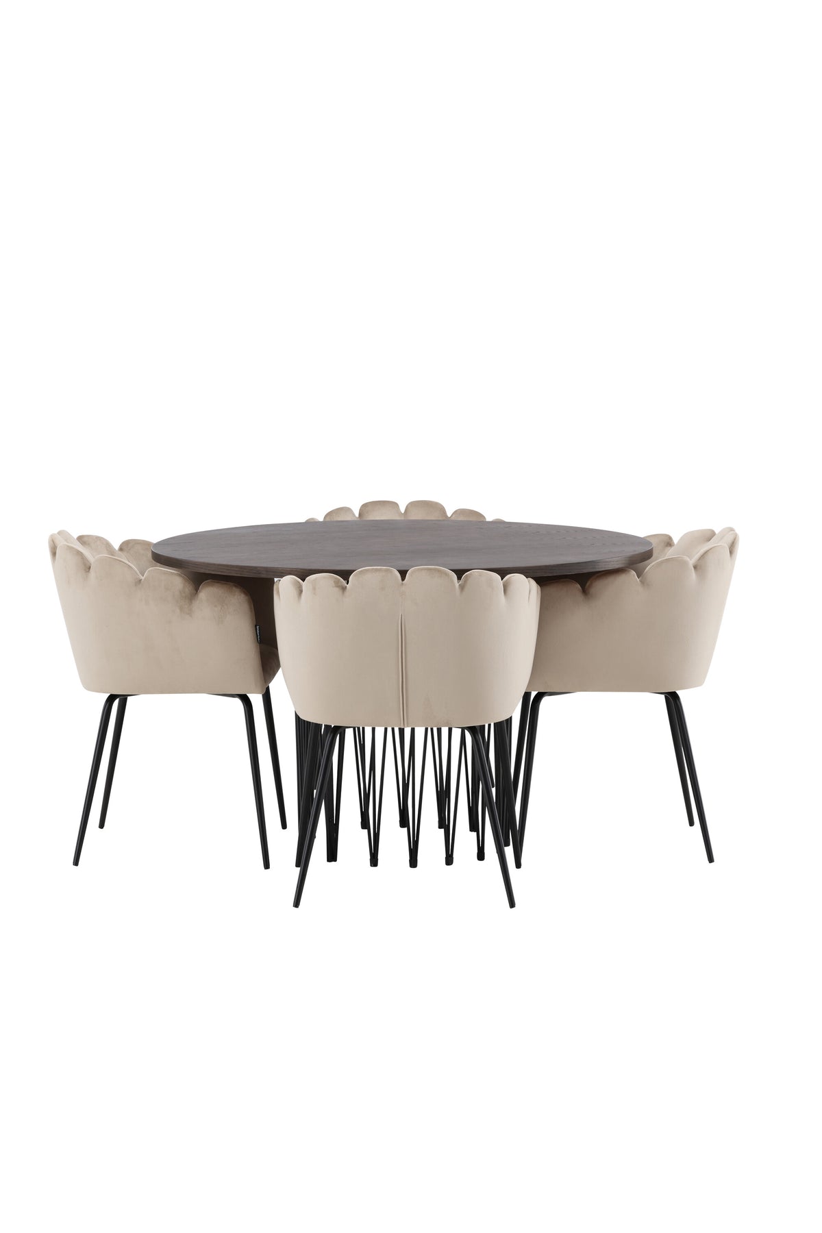 Rundes Esszimmerset mit Steinlook-Tisch aus MDF und Mocca-Furnier, schwarzem Metallgestell und vier Limhamn-Stühlen mit beigem Samtbezug.