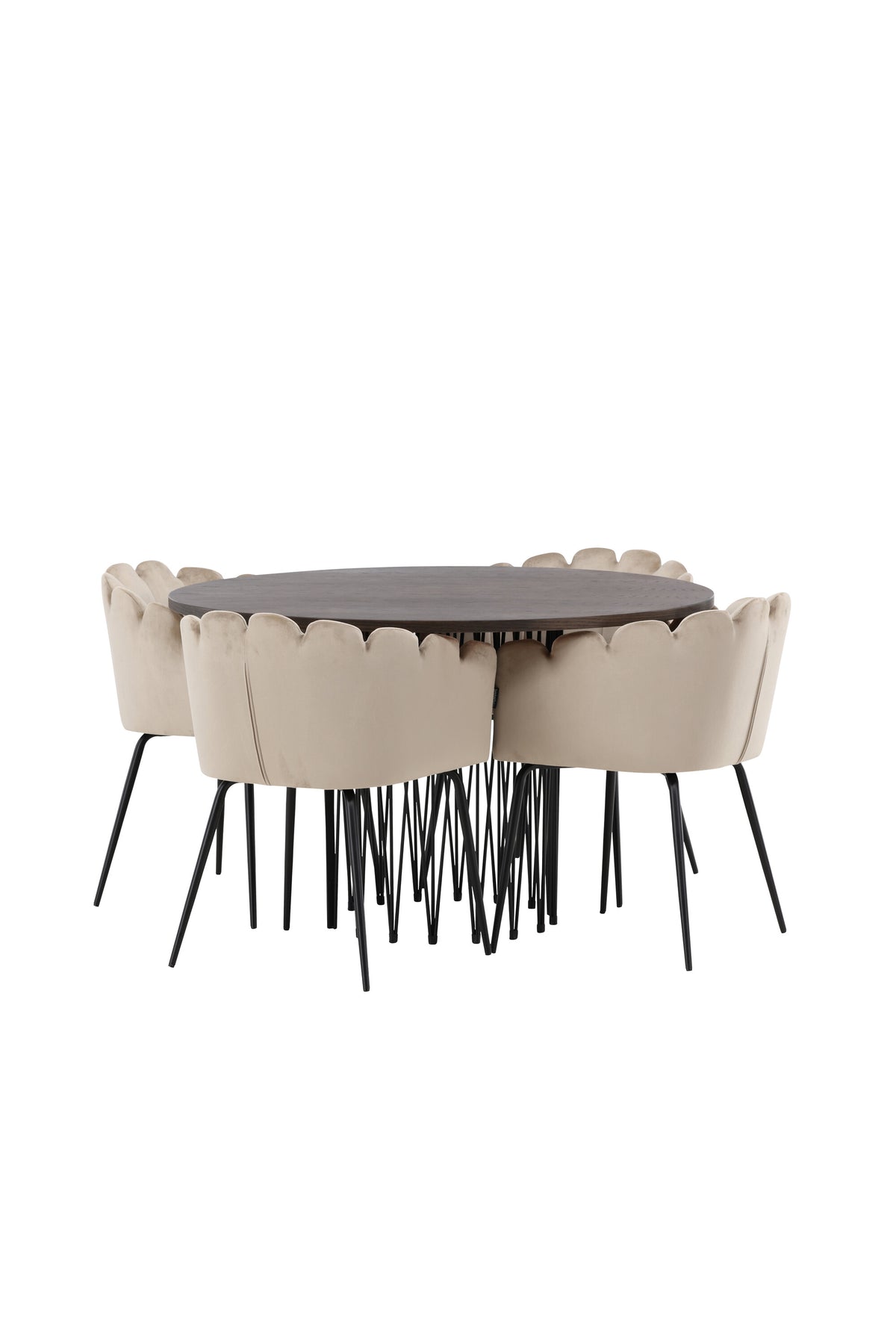 Rundes Esszimmerset mit Steinlook-Tisch aus MDF und Mocca-Furnier, schwarzem Metallgestell und vier Limhamn-Stühlen mit beigem Samtbezug.