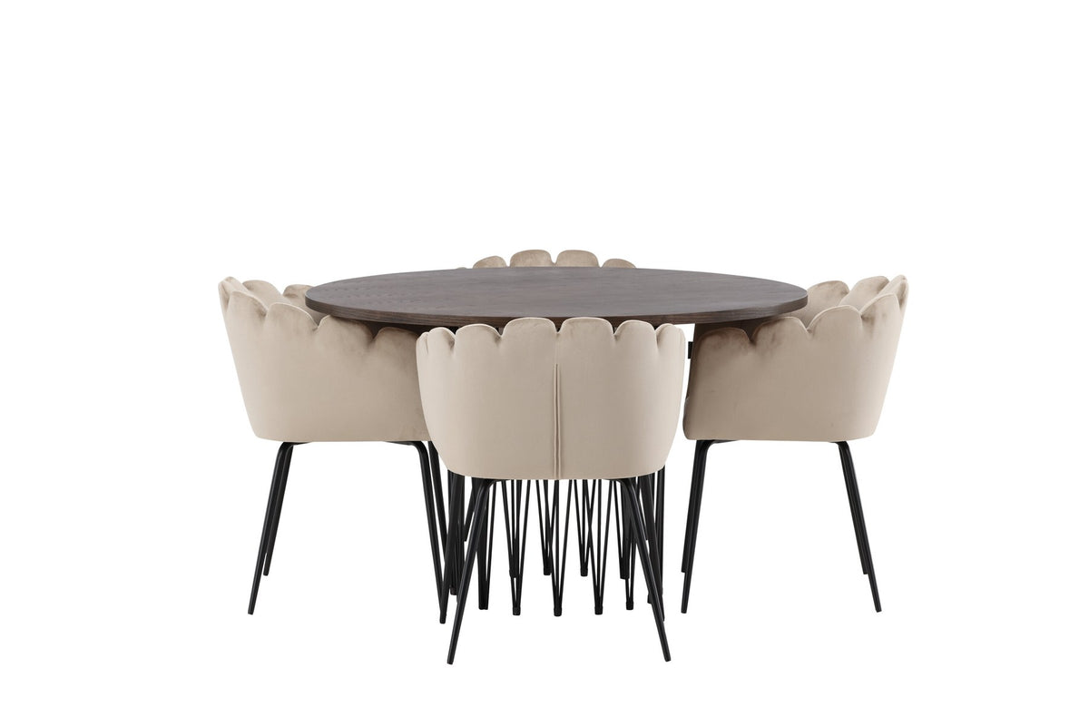Rundes Esszimmerset mit Steinlook-Tisch aus MDF und Mocca-Furnier, schwarzem Metallgestell und vier Limhamn-Stühlen mit beigem Samtbezug.