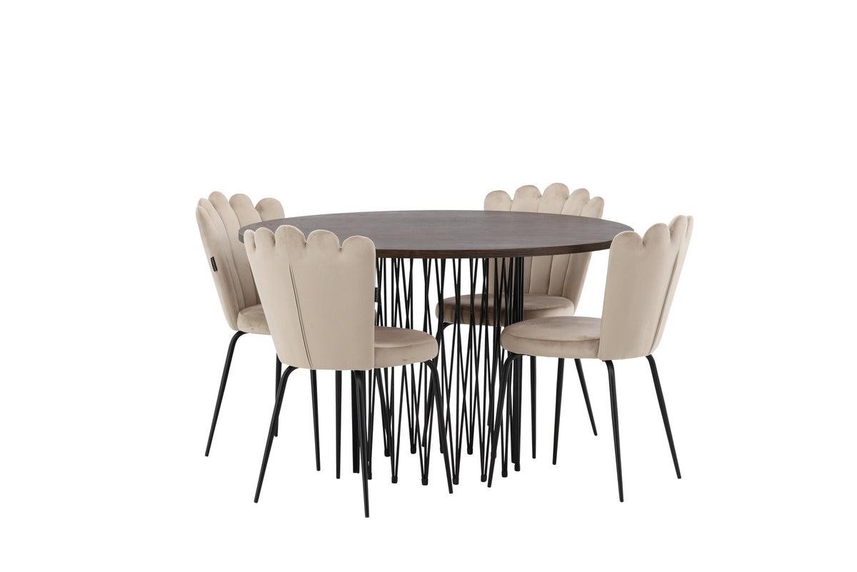 Rundes Esszimmerset mit Steinlook-Tisch aus MDF und Mocca-Furnier, schwarzem Metallgestell und vier Limhamn-Stühlen mit beigem Samtbezug.