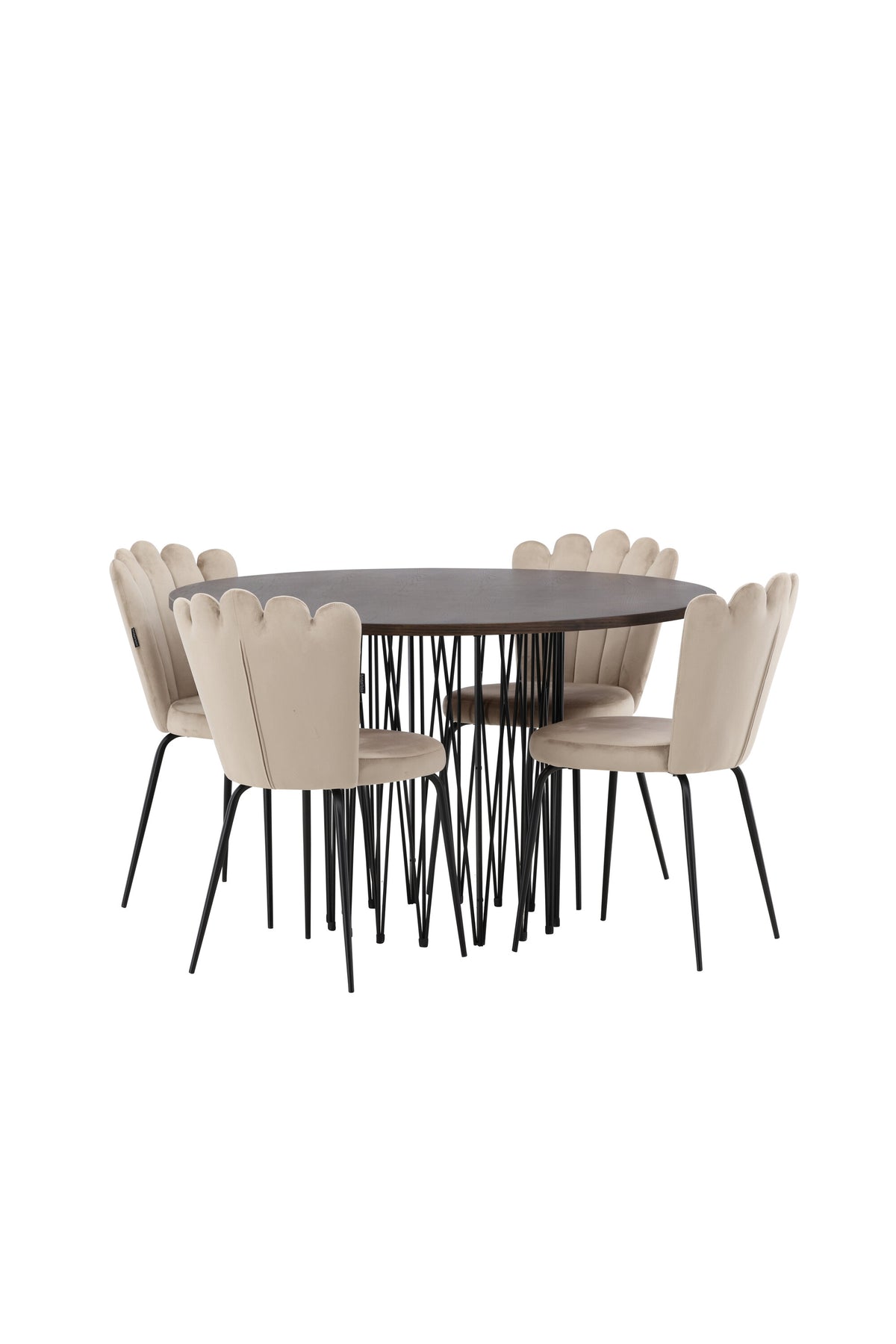 Rundes Esszimmerset mit Steinlook-Tisch aus MDF und Mocca-Furnier, schwarzem Metallgestell und vier Limhamn-Stühlen mit beigem Samtbezug.