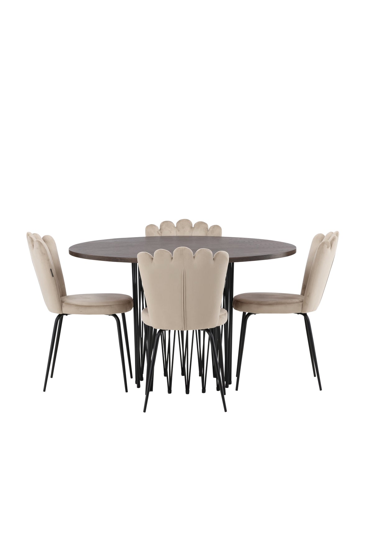 Rundes Esszimmerset mit Steinlook-Tisch aus MDF und Mocca-Furnier, schwarzem Metallgestell und vier Limhamn-Stühlen mit beigem Samtbezug.