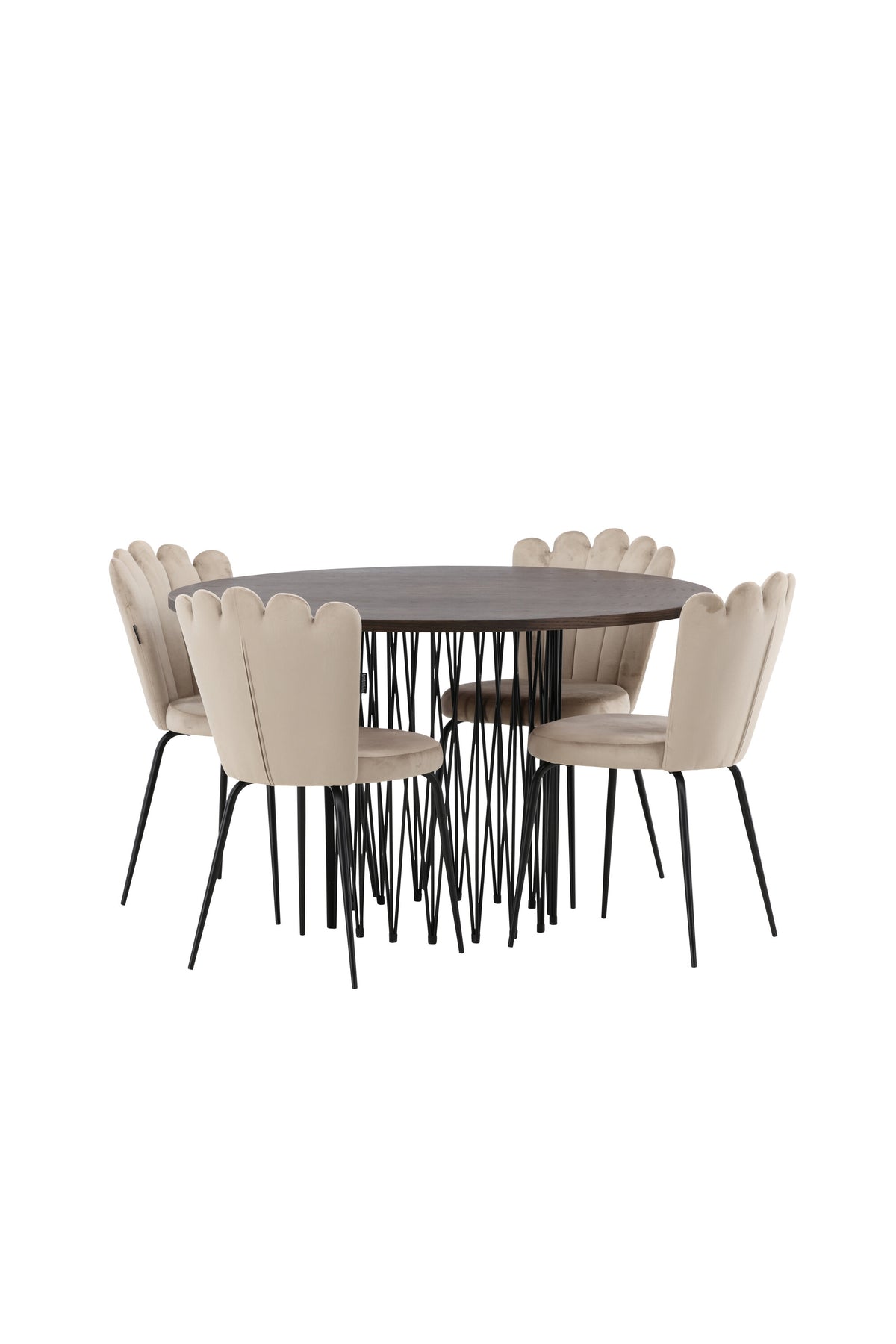 Rundes Esszimmerset mit Steinlook-Tisch aus MDF und Mocca-Furnier, schwarzem Metallgestell und vier Limhamn-Stühlen mit beigem Samtbezug.