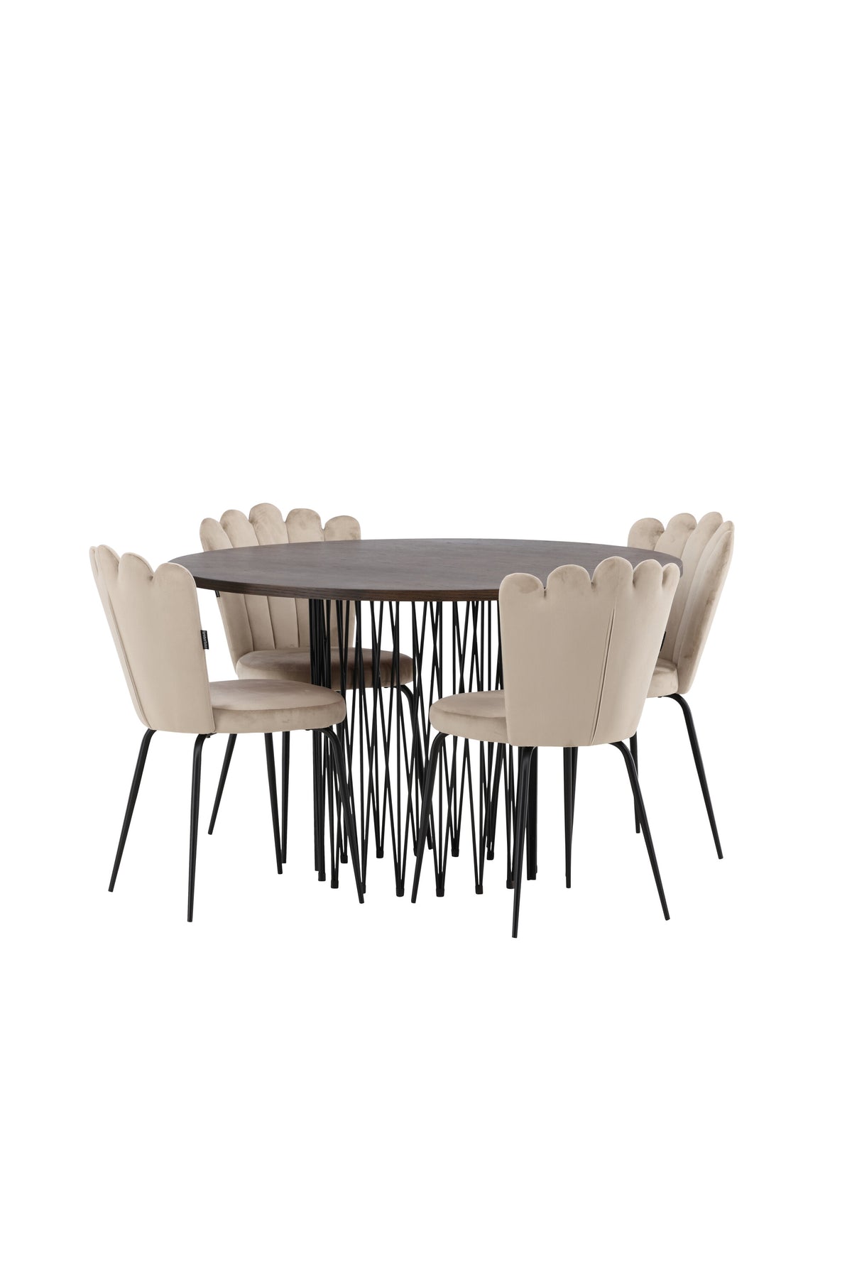 Rundes Esszimmerset mit Steinlook-Tisch aus MDF und Mocca-Furnier, schwarzem Metallgestell und vier Limhamn-Stühlen mit beigem Samtbezug.