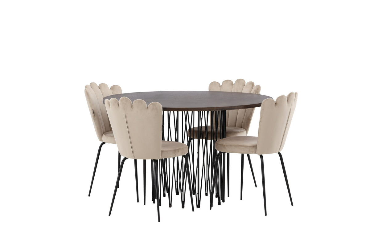 Rundes Esszimmerset mit Steinlook-Tisch aus MDF und Mocca-Furnier, schwarzem Metallgestell und vier Limhamn-Stühlen mit beigem Samtbezug.