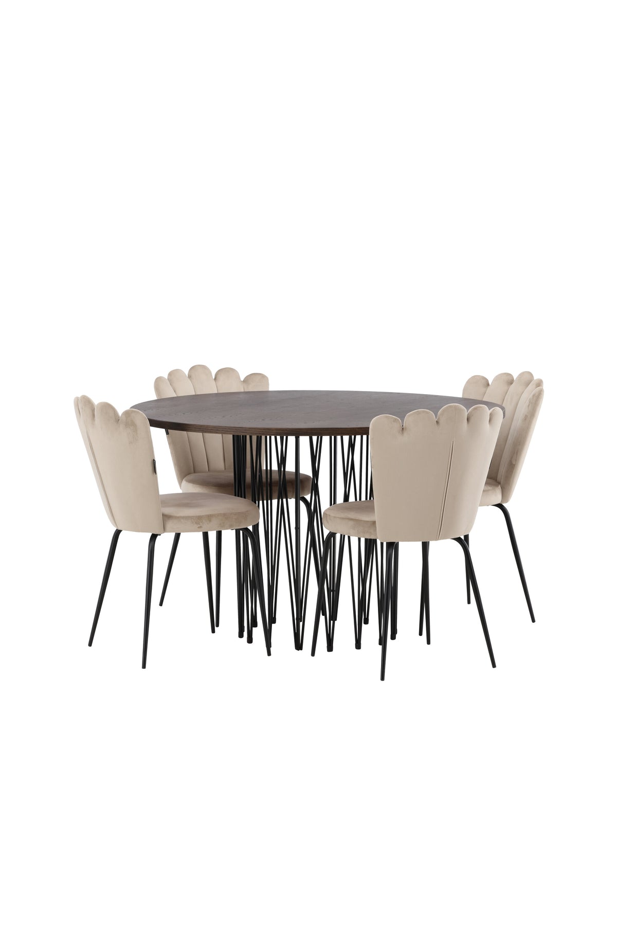 Rundes Esszimmerset mit Steinlook-Tisch aus MDF und Mocca-Furnier, schwarzem Metallgestell und vier Limhamn-Stühlen mit beigem Samtbezug.