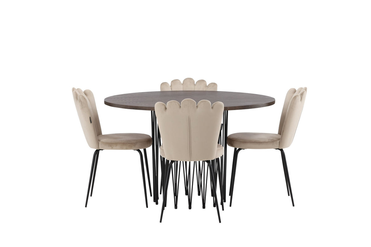 Rundes Esszimmerset mit Steinlook-Tisch aus MDF und Mocca-Furnier, schwarzem Metallgestell und vier Limhamn-Stühlen mit beigem Samtbezug.