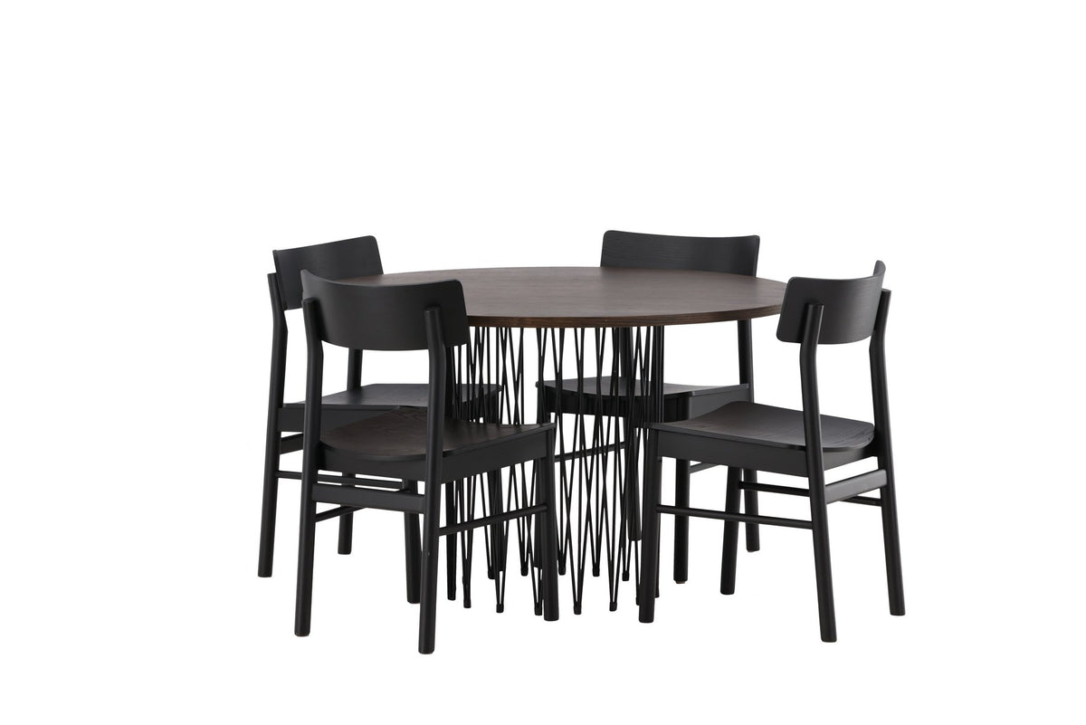 Rundes Esszimmerset mit Steinlook-Tisch aus MDF und Mocca-Furnier, schwarzem Metallgestell und vier Limhamn-Stühlen mit beigem Samtbezug.