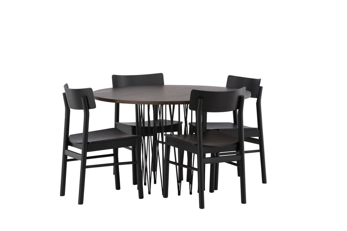 Rundes Esszimmerset mit Steinlook-Tisch aus MDF und Mocca-Furnier, schwarzem Metallgestell und vier Limhamn-Stühlen mit beigem Samtbezug.
