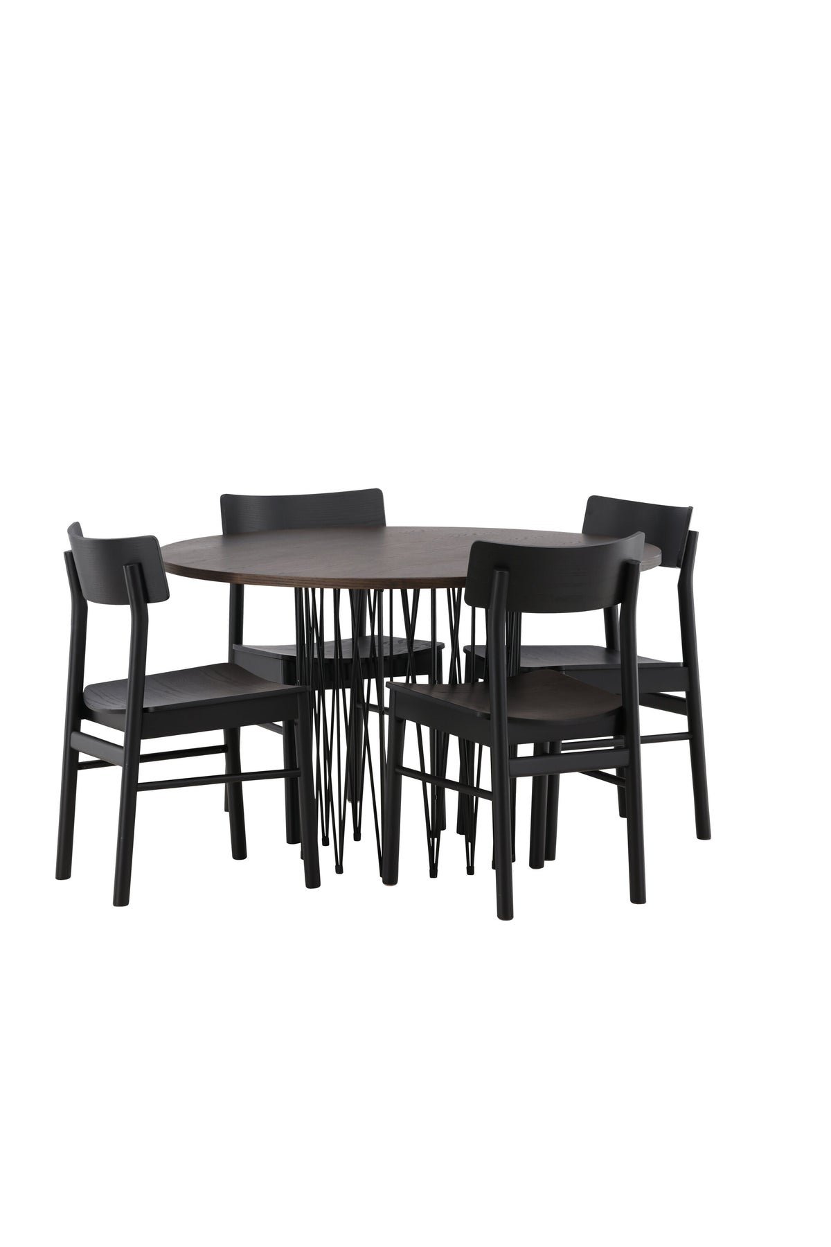 Rundes Esszimmerset mit Steinlook-Tisch aus MDF und Mocca-Furnier, schwarzem Metallgestell und vier Limhamn-Stühlen mit beigem Samtbezug.