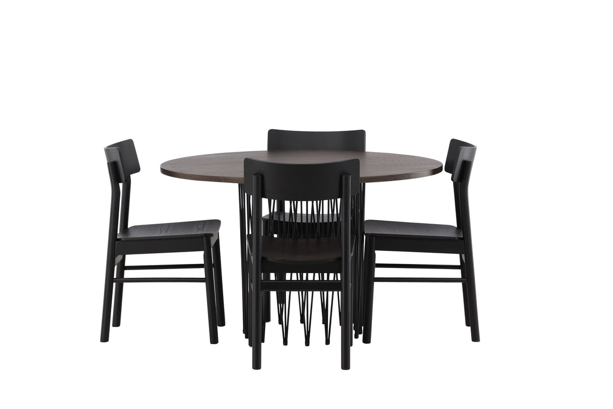 Rundes Esszimmerset mit Steinlook-Tisch aus MDF und Mocca-Furnier, schwarzem Metallgestell und vier Limhamn-Stühlen mit beigem Samtbezug.