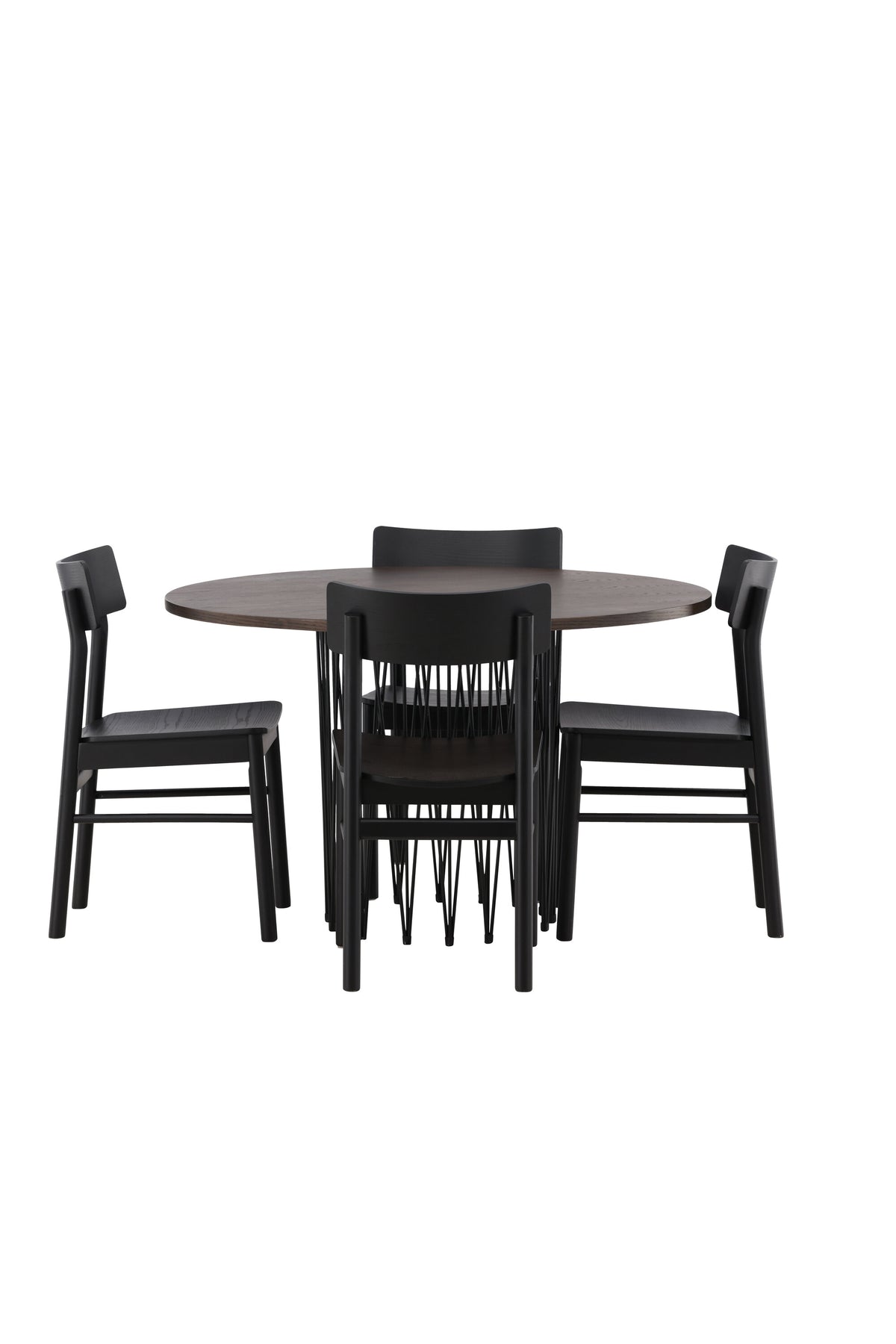Rundes Esszimmerset mit Steinlook-Tisch aus MDF und Mocca-Furnier, schwarzem Metallgestell und vier Limhamn-Stühlen mit beigem Samtbezug.