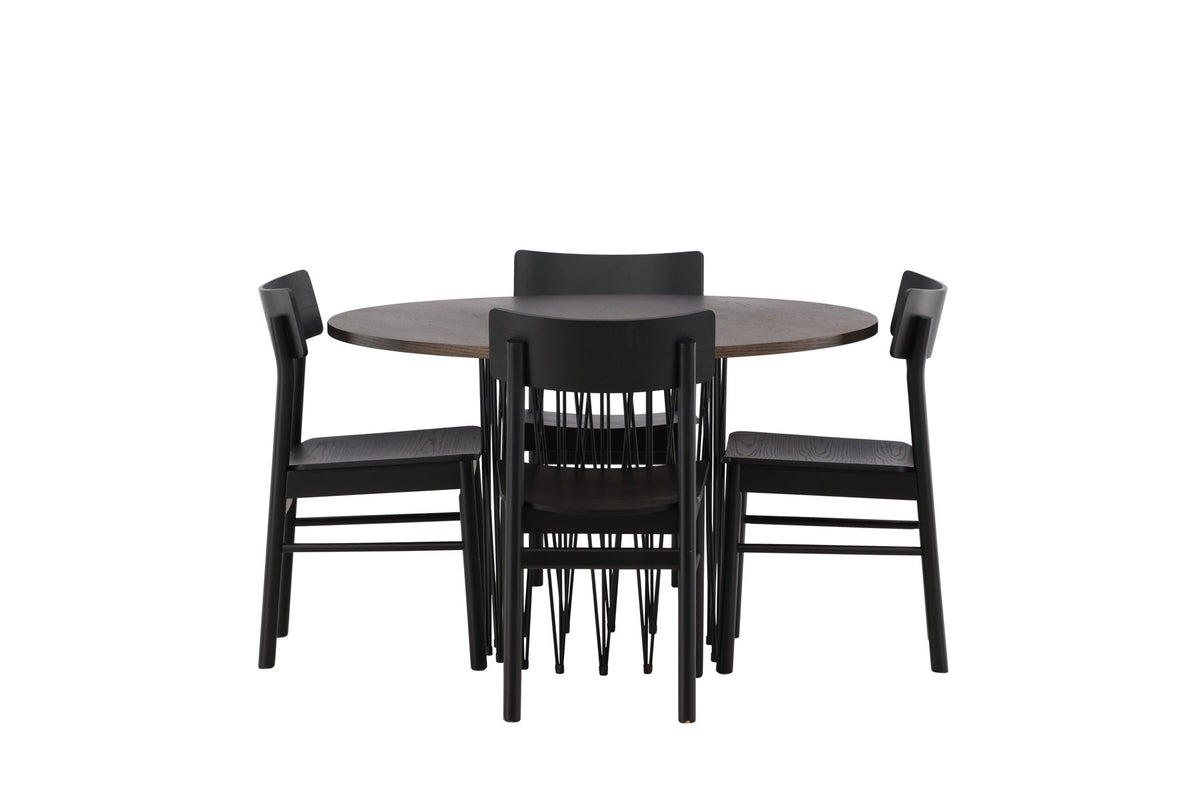 Rundes Esszimmerset mit Steinlook-Tisch aus MDF und Mocca-Furnier, schwarzem Metallgestell und vier Limhamn-Stühlen mit beigem Samtbezug.