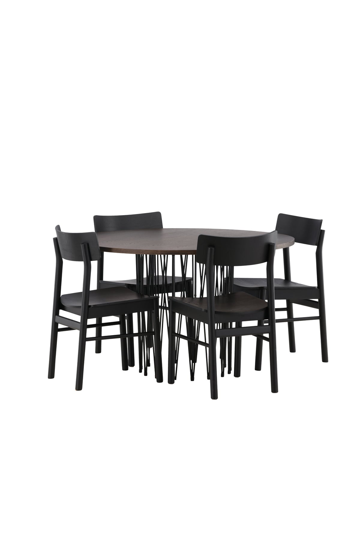 Rundes Esszimmerset mit Steinlook-Tisch aus MDF und Mocca-Furnier, schwarzem Metallgestell und vier Limhamn-Stühlen mit beigem Samtbezug.