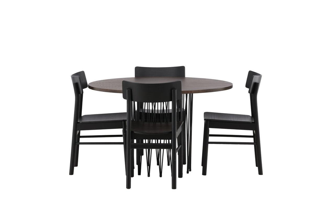 Rundes Esszimmerset mit Steinlook-Tisch aus MDF und Mocca-Furnier, schwarzem Metallgestell und vier Limhamn-Stühlen mit beigem Samtbezug.