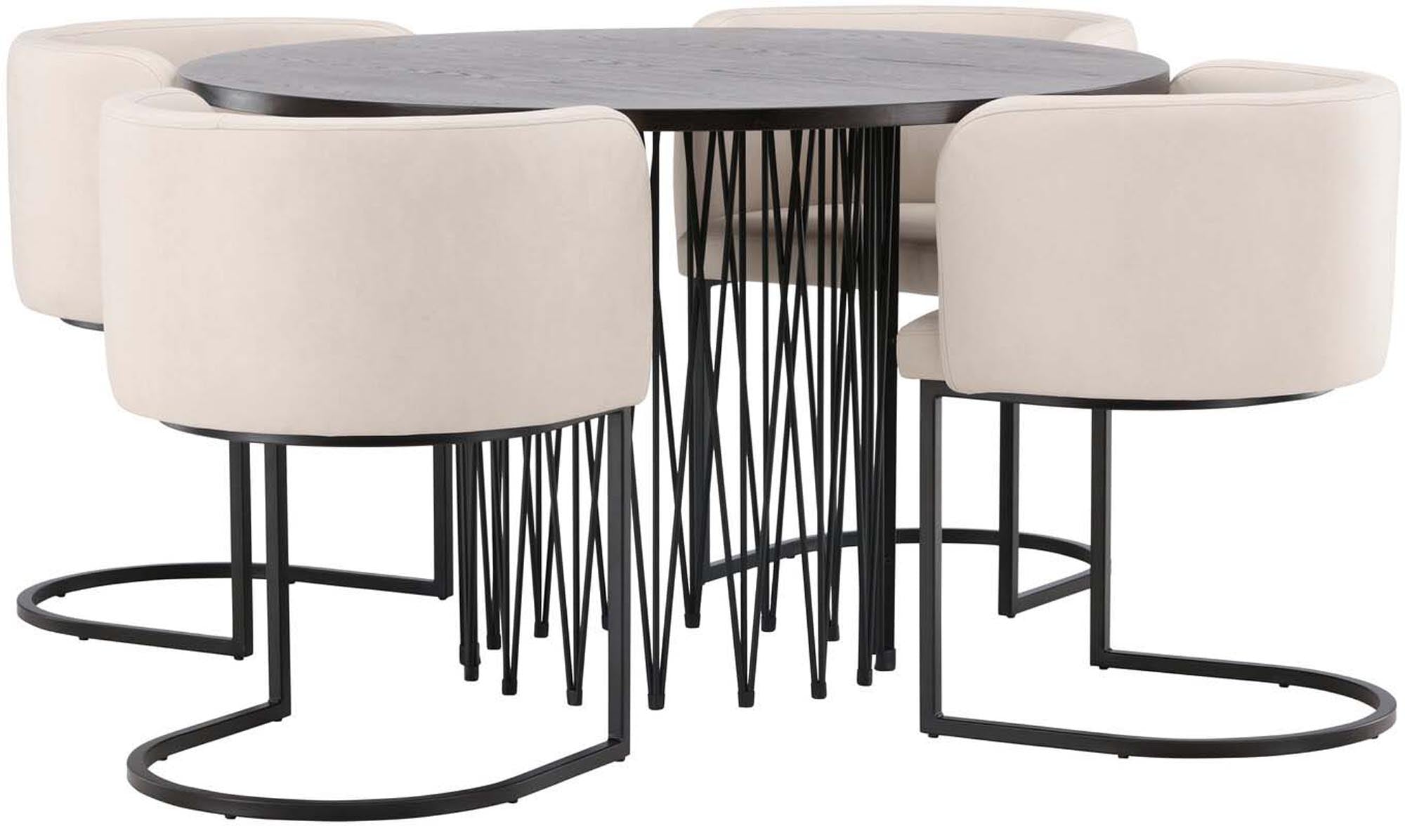 Stilvolles Stone Esszimmerset mit rundem Tisch (⌀120cm) und 4 bequemen Simrishamn-Stühlen für einladende Essmomente.