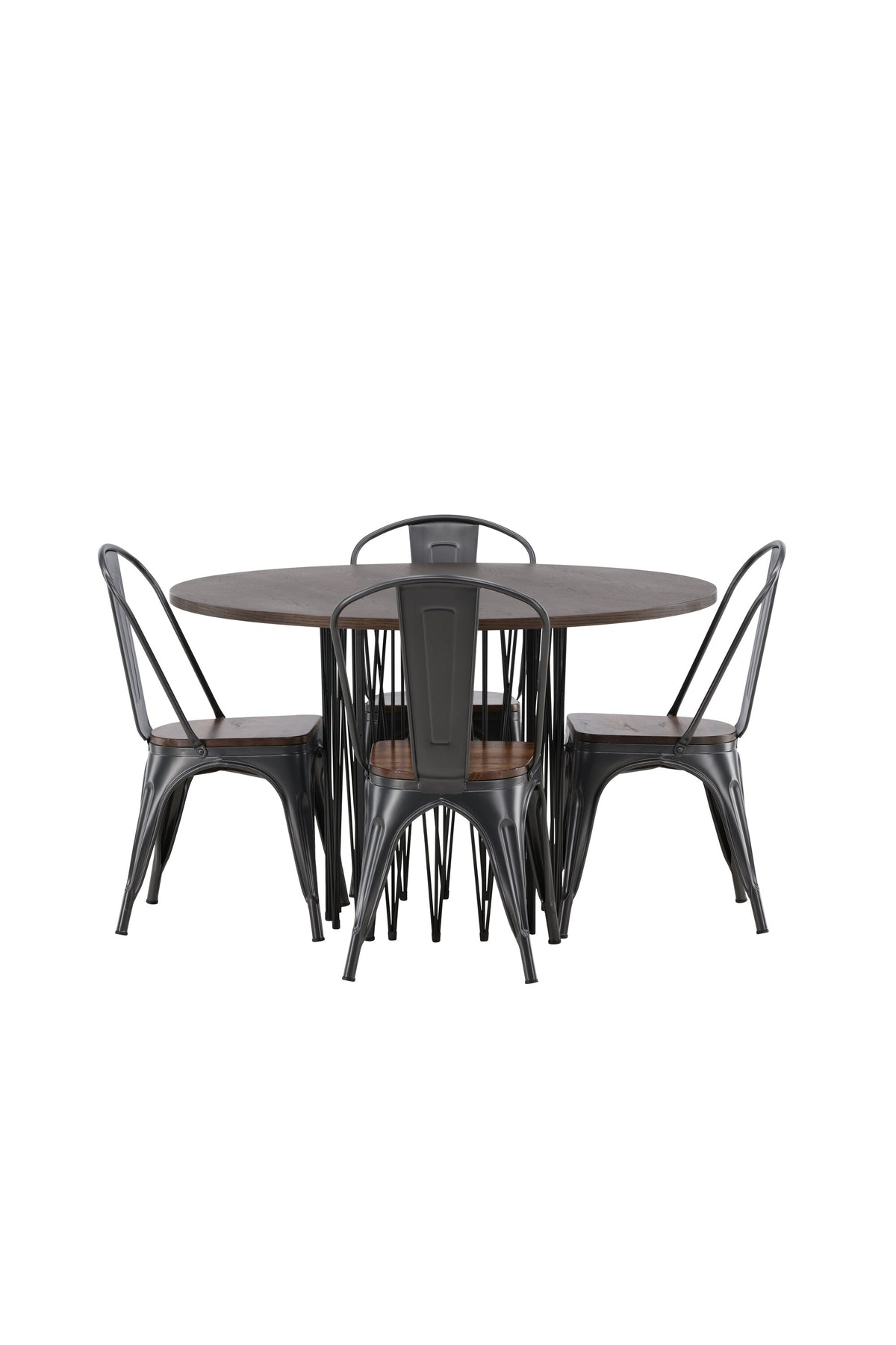 Rundes Esszimmerset mit Steinlook-Tisch aus MDF und Mocca-Furnier, schwarzem Metallgestell und vier Limhamn-Stühlen mit beigem Samtbezug.