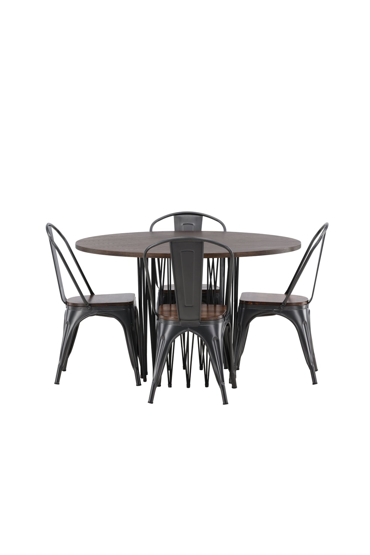 Rundes Esszimmerset mit Steinlook-Tisch aus MDF und Mocca-Furnier, schwarzem Metallgestell und vier Limhamn-Stühlen mit beigem Samtbezug.