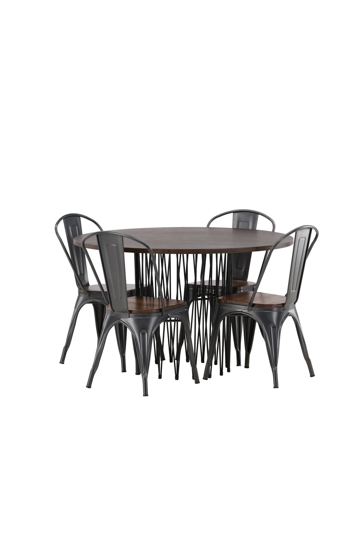 Rundes Esszimmerset mit Steinlook-Tisch aus MDF und Mocca-Furnier, schwarzem Metallgestell und vier Limhamn-Stühlen mit beigem Samtbezug.