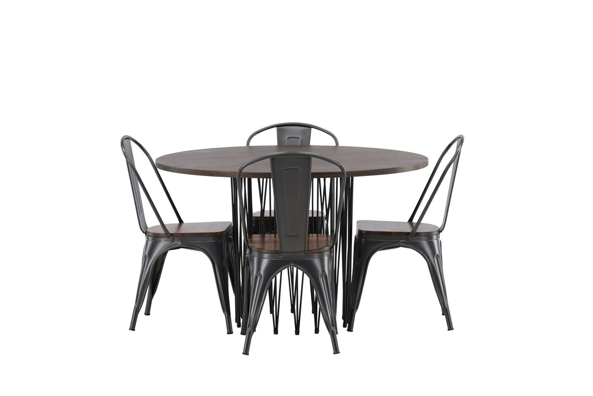 Rundes Esszimmerset mit Steinlook-Tisch aus MDF und Mocca-Furnier, schwarzem Metallgestell und vier Limhamn-Stühlen mit beigem Samtbezug.