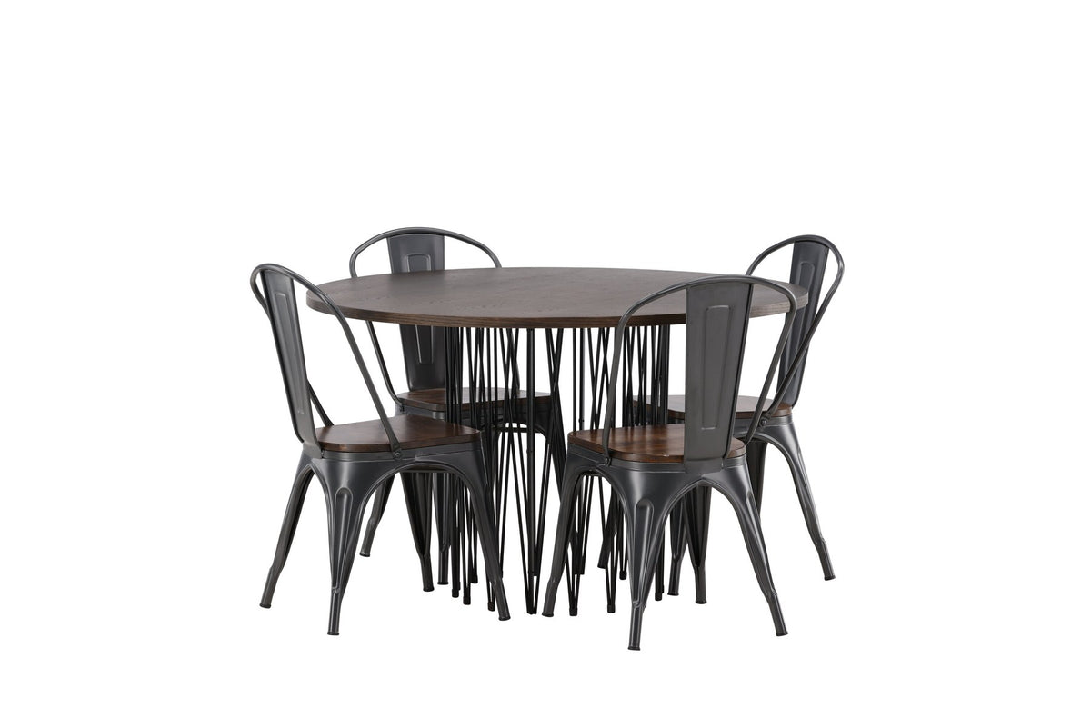Rundes Esszimmerset mit Steinlook-Tisch aus MDF und Mocca-Furnier, schwarzem Metallgestell und vier Limhamn-Stühlen mit beigem Samtbezug.
