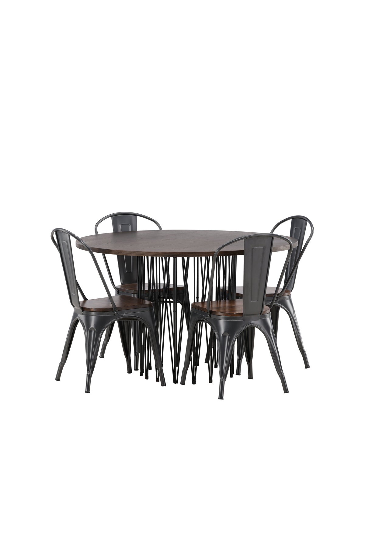Rundes Esszimmerset mit Steinlook-Tisch aus MDF und Mocca-Furnier, schwarzem Metallgestell und vier Limhamn-Stühlen mit beigem Samtbezug.