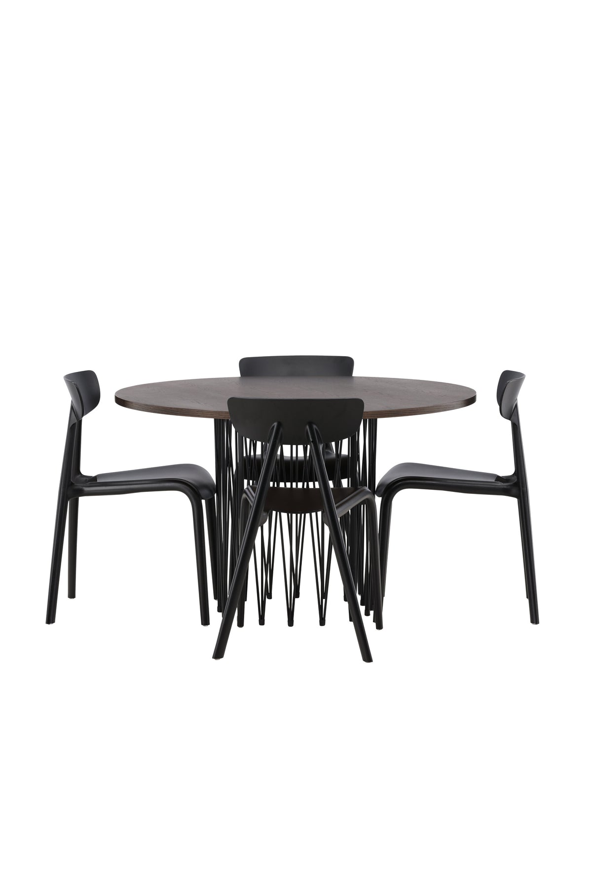 Rundes Esszimmerset mit Steinlook-Tisch aus MDF und Mocca-Furnier, schwarzem Metallgestell und vier Limhamn-Stühlen mit beigem Samtbezug.