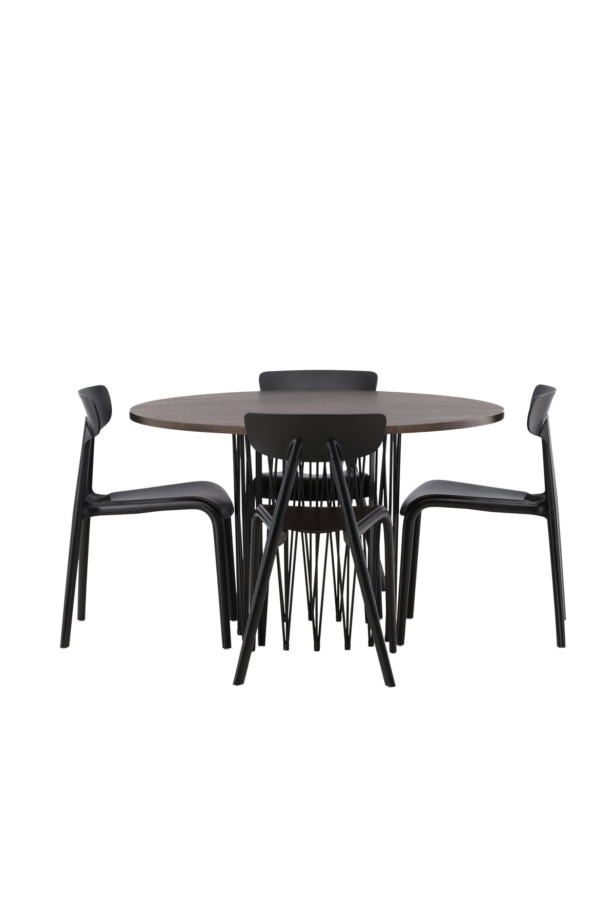 Rundes Esszimmerset mit Steinlook-Tisch aus MDF und Mocca-Furnier, schwarzem Metallgestell und vier Limhamn-Stühlen mit beigem Samtbezug.