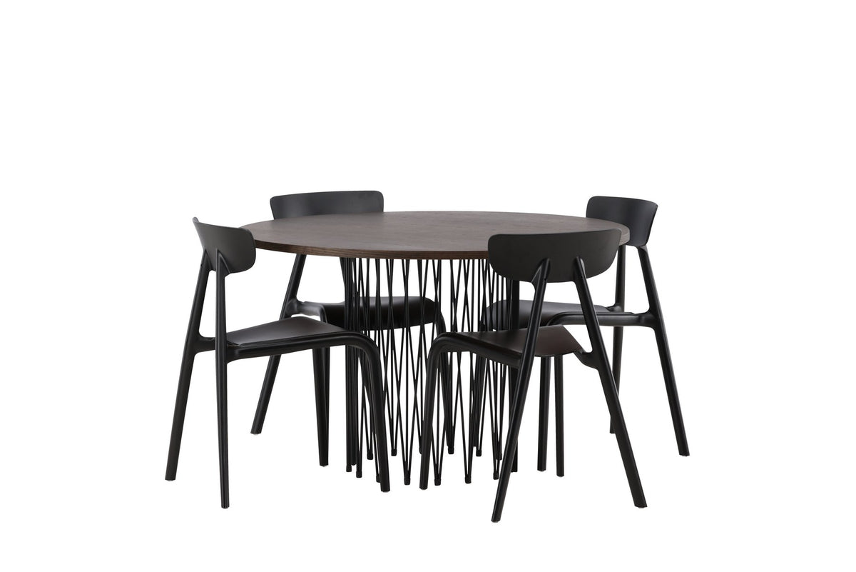 Rundes Esszimmerset mit Steinlook-Tisch aus MDF und Mocca-Furnier, schwarzem Metallgestell und vier Limhamn-Stühlen mit beigem Samtbezug.