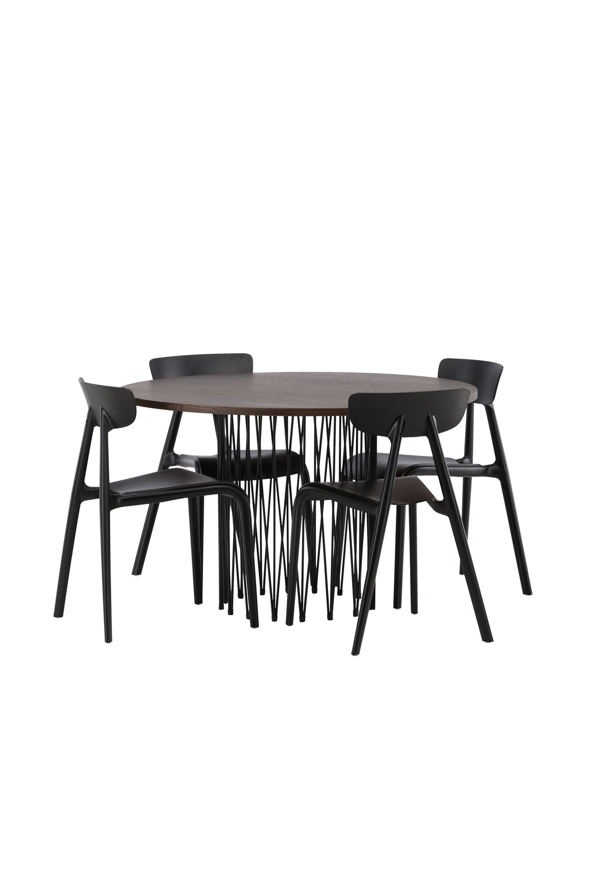 Rundes Esszimmerset mit Steinlook-Tisch aus MDF und Mocca-Furnier, schwarzem Metallgestell und vier Limhamn-Stühlen mit beigem Samtbezug.