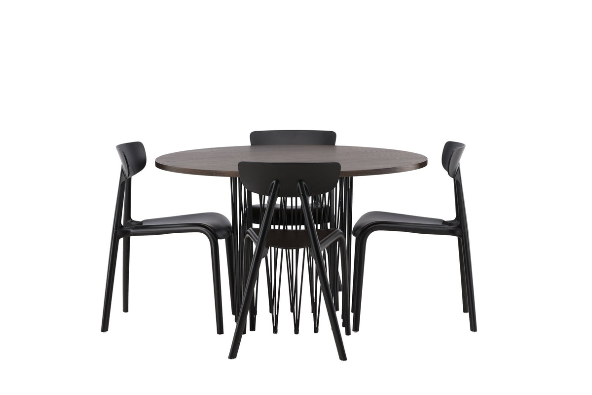 Rundes Esszimmerset mit Steinlook-Tisch aus MDF und Mocca-Furnier, schwarzem Metallgestell und vier Limhamn-Stühlen mit beigem Samtbezug.