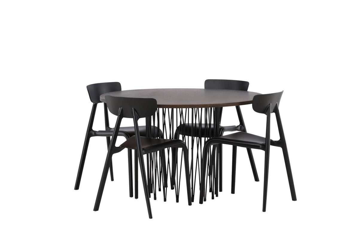 Rundes Esszimmerset mit Steinlook-Tisch aus MDF und Mocca-Furnier, schwarzem Metallgestell und vier Limhamn-Stühlen mit beigem Samtbezug.