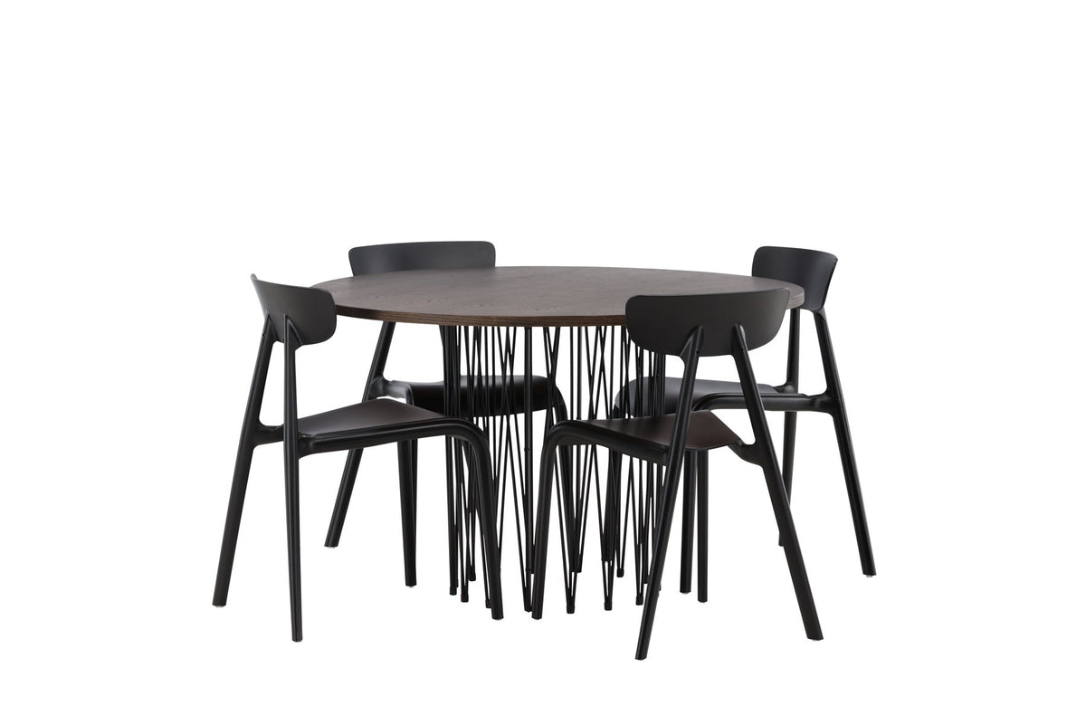 Rundes Esszimmerset mit Steinlook-Tisch aus MDF und Mocca-Furnier, schwarzem Metallgestell und vier Limhamn-Stühlen mit beigem Samtbezug.