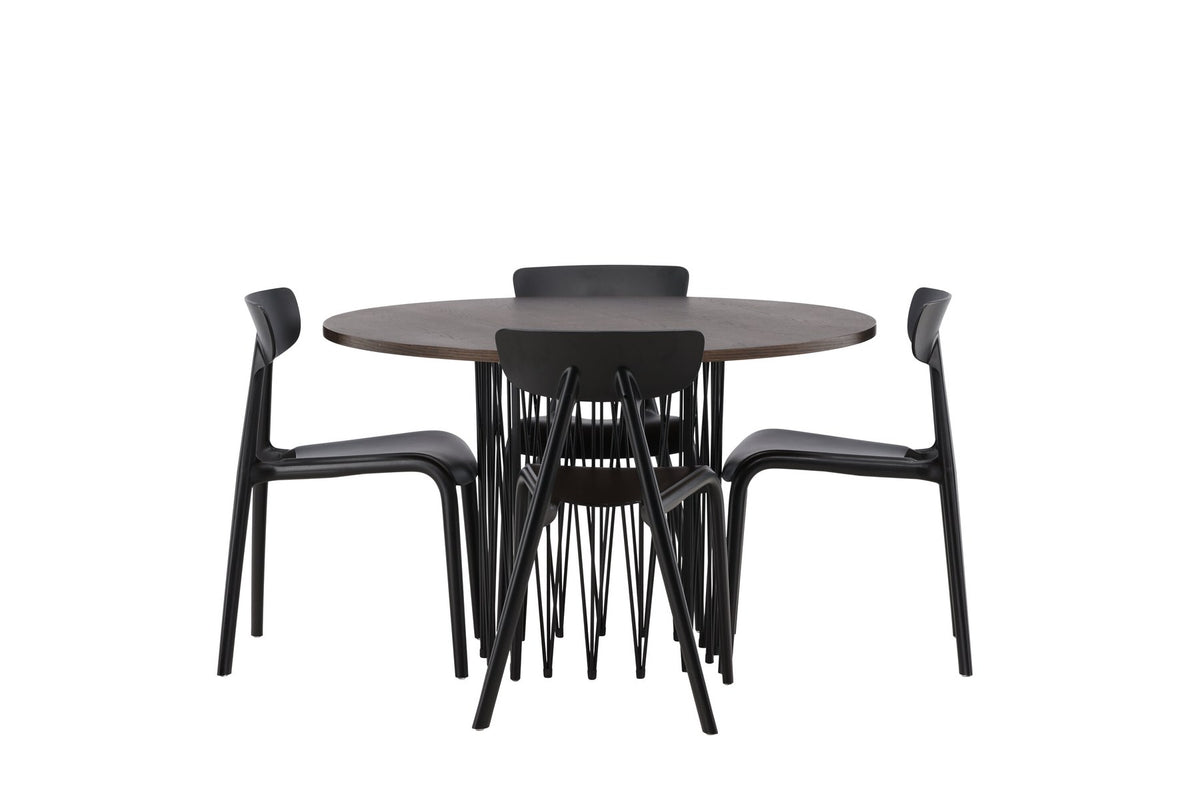 Rundes Esszimmerset mit Steinlook-Tisch aus MDF und Mocca-Furnier, schwarzem Metallgestell und vier Limhamn-Stühlen mit beigem Samtbezug.