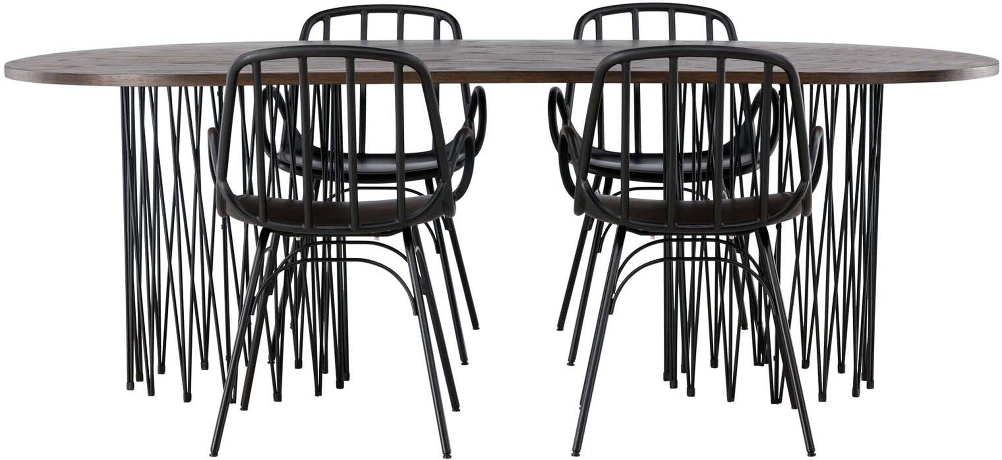 Elegantes Stone Esszimmerset mit ovalem Tisch (220cm) und 4 komfortablen Dyrön Stühlen. Ideal für stilvolle Esszimmer und gesellige Abende.