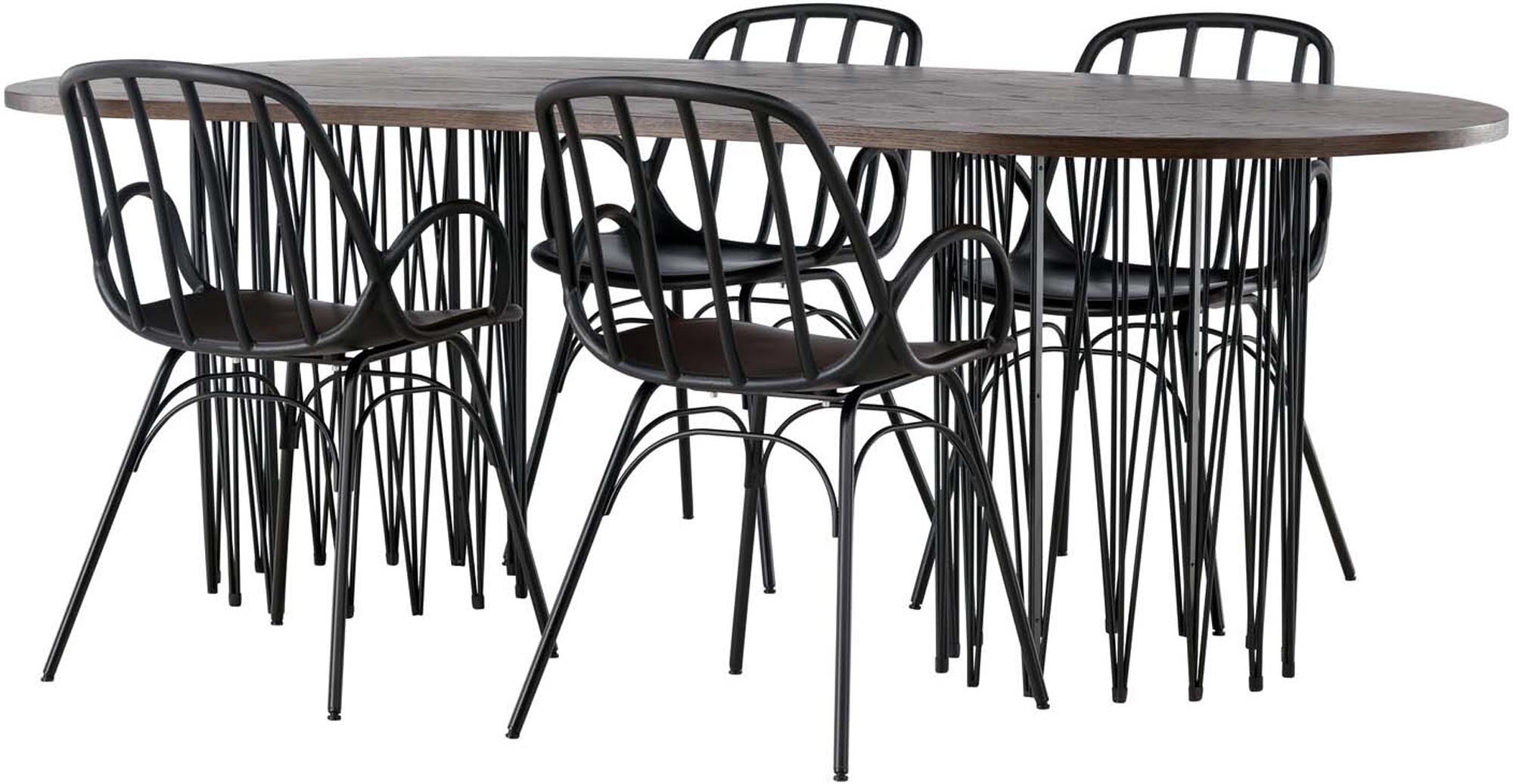 Stilvolles Stone Esszimmerset mit ovalem Tisch (220cm) und 4 modernen Dyrön Stühlen. Perfekt für gesellige Abende und elegantes Wohnen.