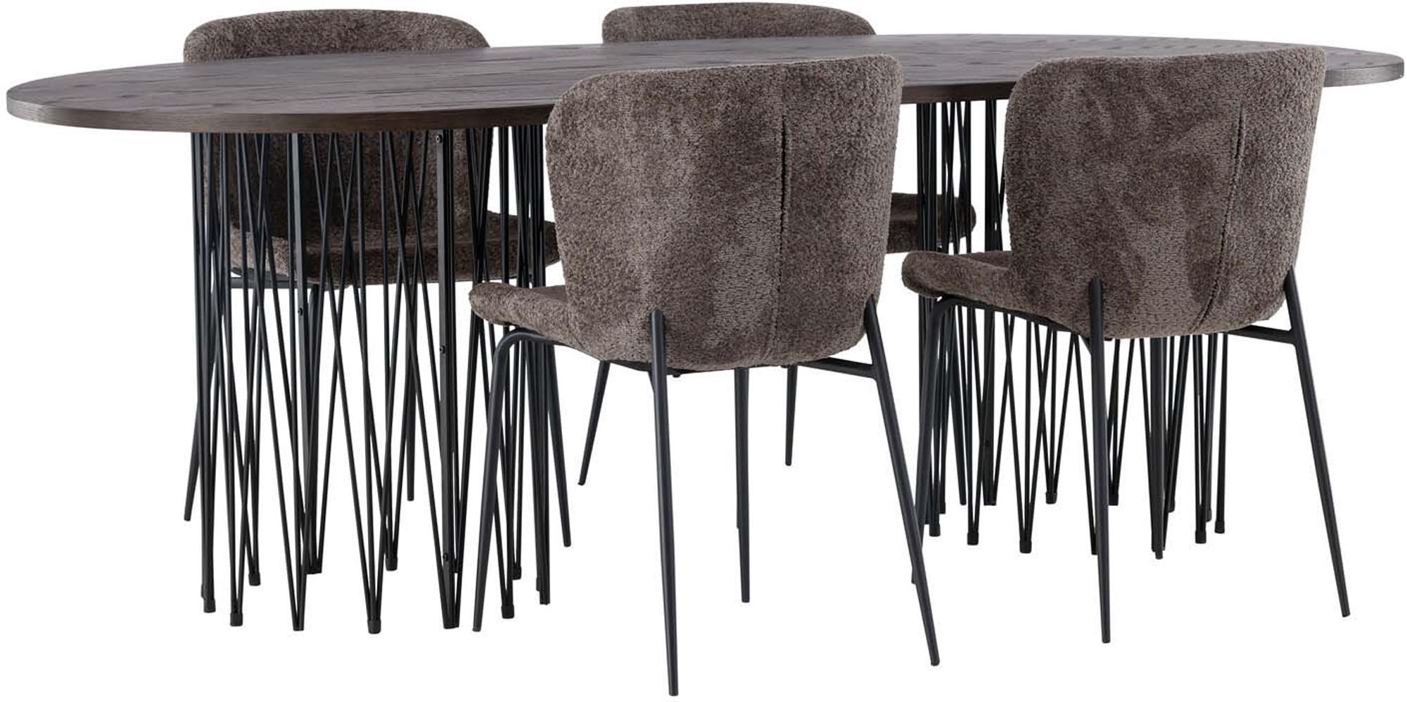 Stilvolles Esszimmerset: Ovaler Stone Tisch 220cm, robustes MDF mit edlem Furnier, Modesto Stühle in grauem Stoff, ideal für gesellige Abende.