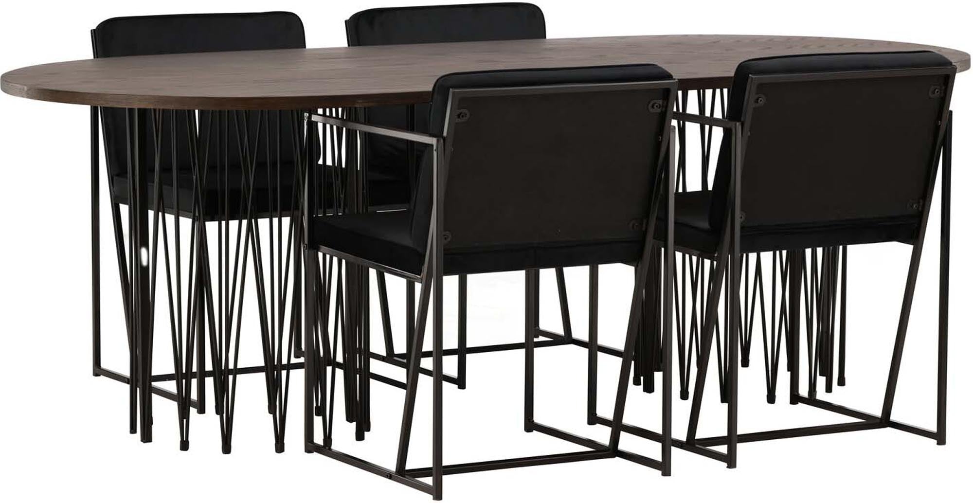 Elegantes Stone Esszimmerset von Venture Home: Ovale Tischplatte aus MDF mit Furnier und 4 stilvolle Richmond-Stühle aus schwarzem Samt. Ideal für jeden Anlass!