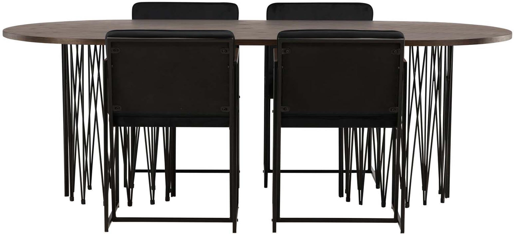 Entdecken Sie das Stone Esszimmerset von Venture Home: Ein ovaler Tisch aus MDF mit edlem Furnier und 4 luxuriösen Richmond-Stühlen aus schwarzem Samt. Perfekt für stilvolle Esszimmer!