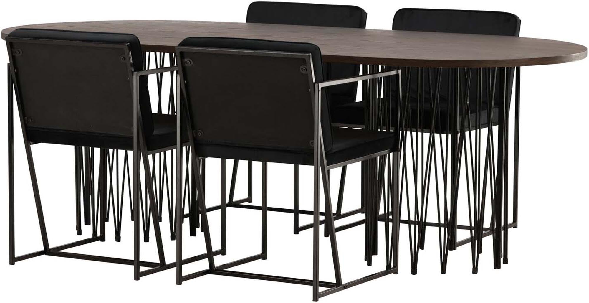 Erleben Sie das Stone Esszimmerset von Venture Home: Ein eleganter ovaler Tisch aus robustem MDF und 4 stilvollen Richmond-Stühlen aus schwarzem Samt für jeden Anlass.