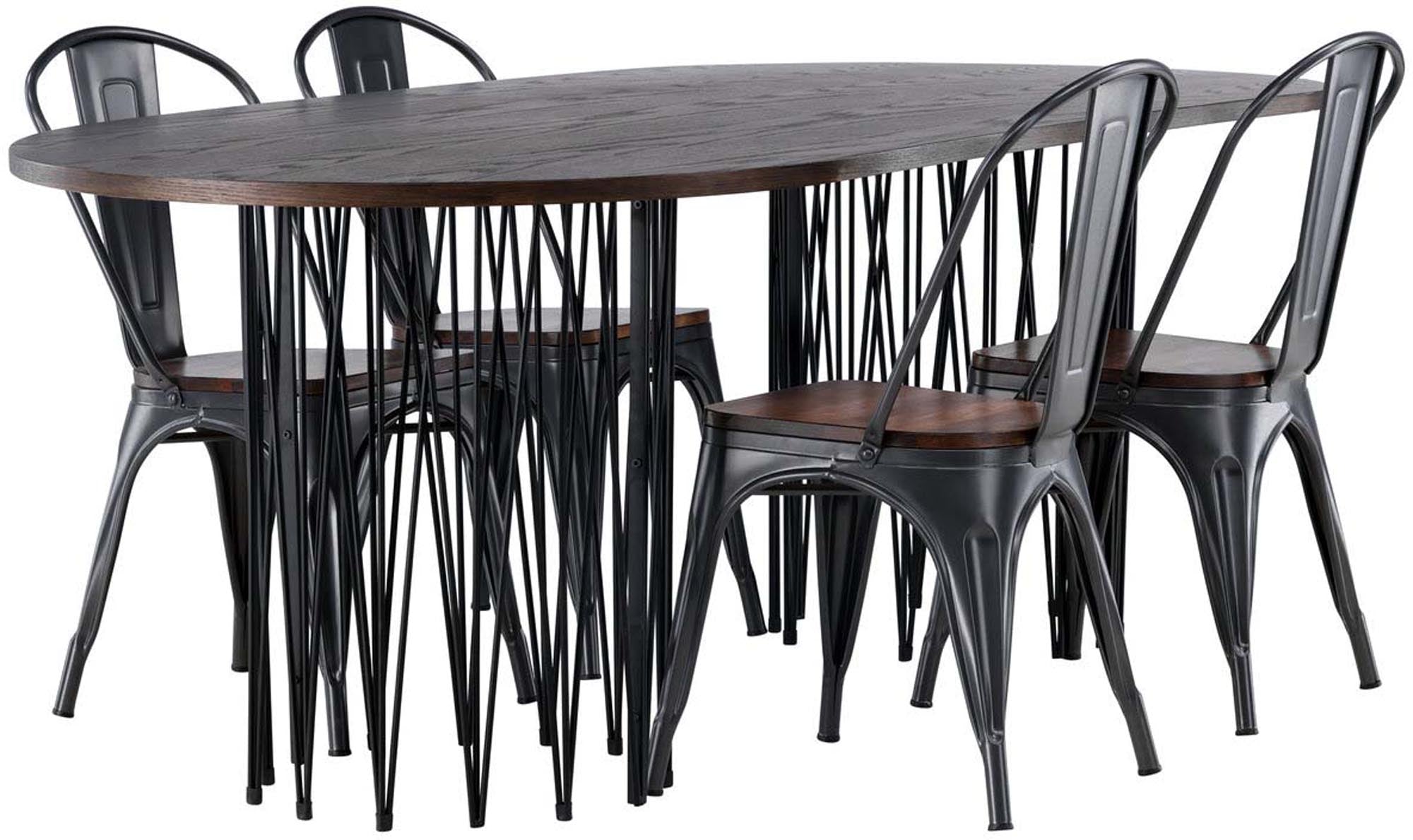 Stilvolles Esszimmerset: Ovale Tischplatte (220x100cm) aus hochwertigem MDF-Furnier, robuste Metallgestelle und komfortable Tempe-Stühle. Ideal für gesellige Momente!