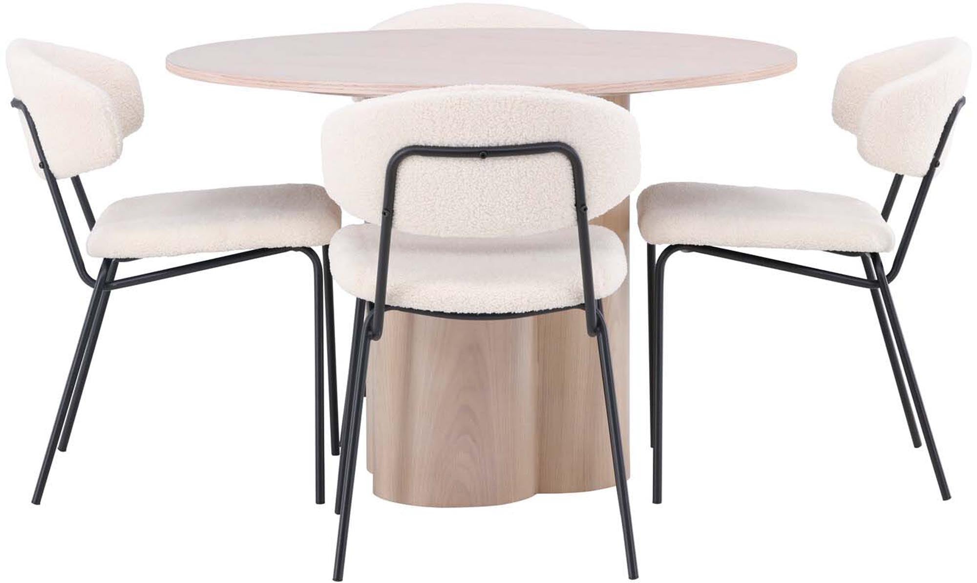 Stilvolles Olivia Esszimmer Set: Runde Mokka-Tischplatte (⌀110cm) und 4 komfortable Bouclé-Stühle in Weiß. Ideal für gesellige Abende!