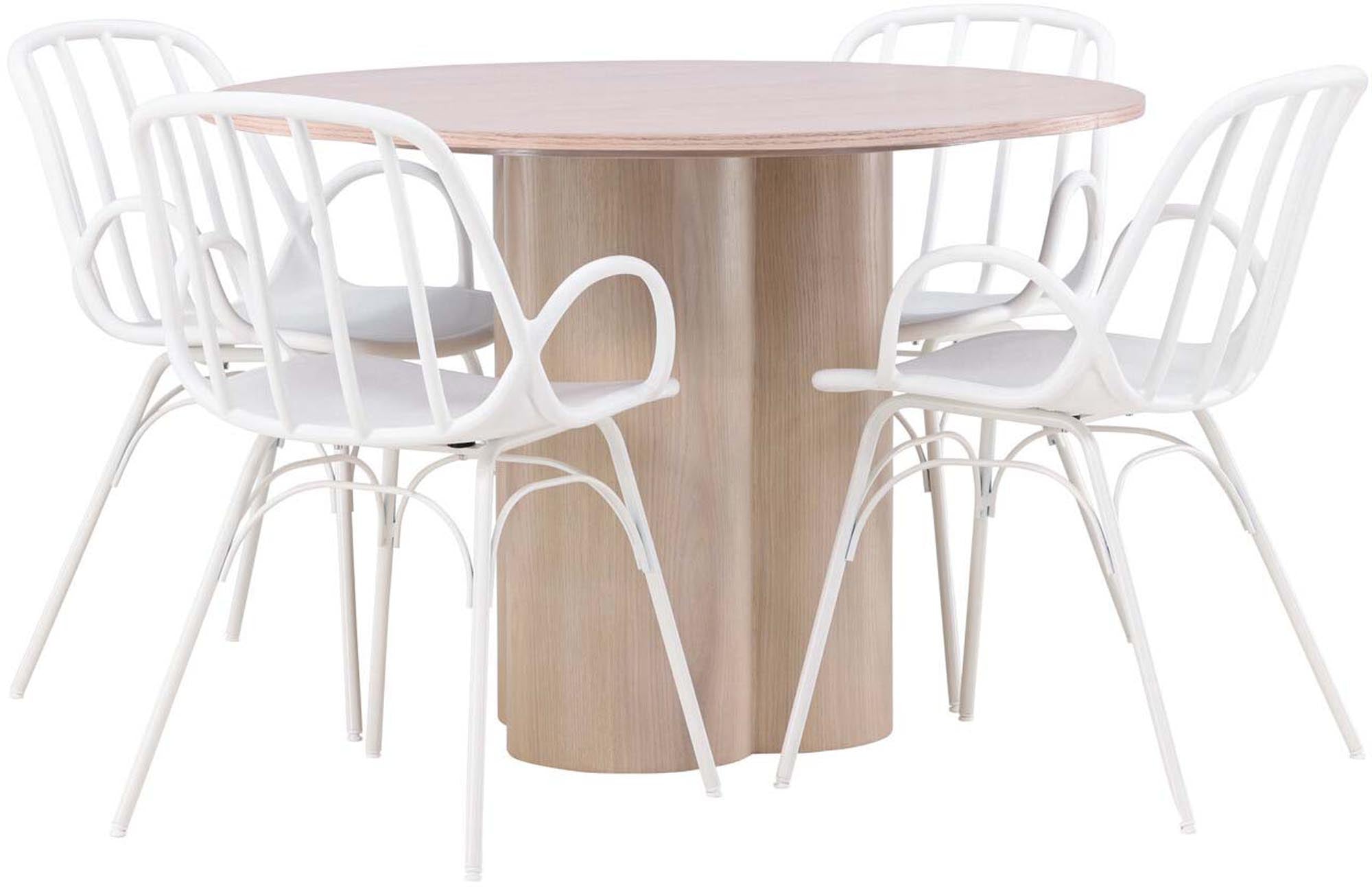 Stilvolles Olivia Esszimmer Set + Dyrön: Skandinavisches Design, runder Tisch, robuste Stühle, ideal für gesellige Momente.